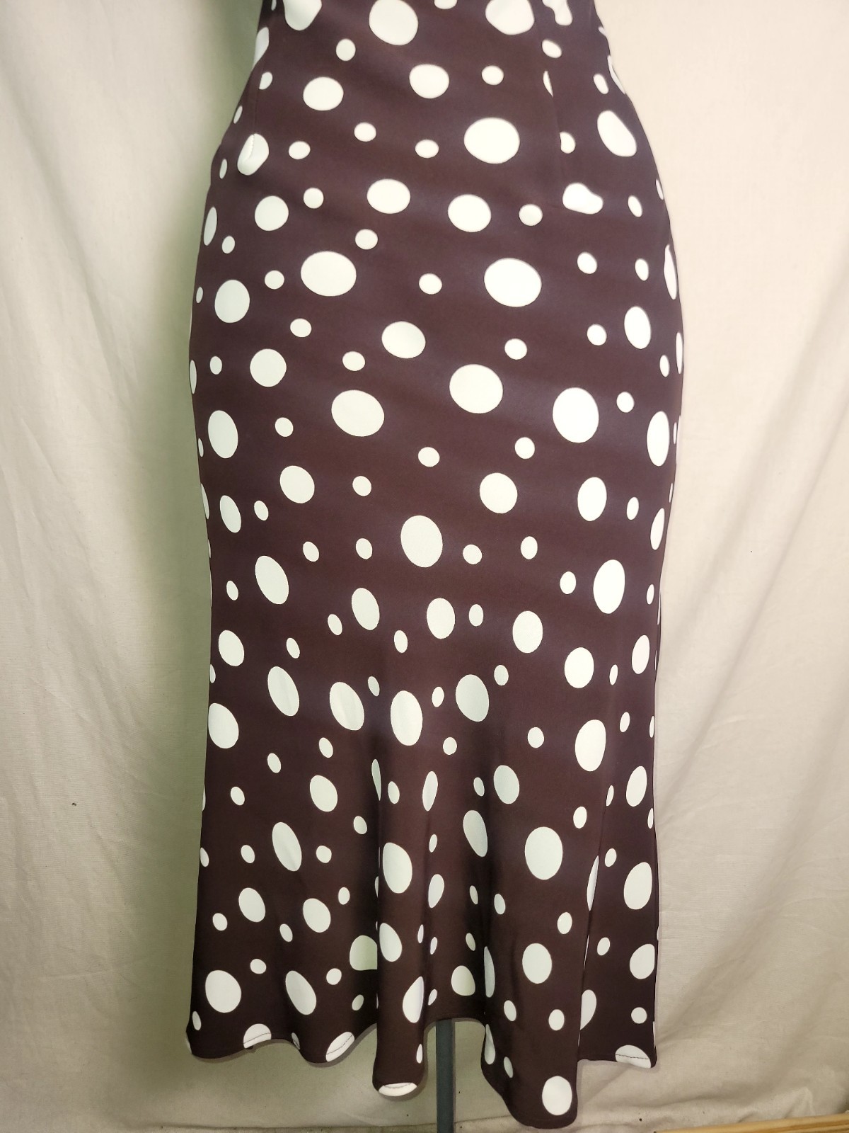 Vintage 80s 90s S.L Fashions Brown White Polka Dot Midi Maxi Dress Ruffles Vneck