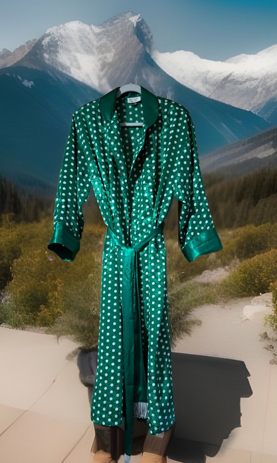 VTG 80s Victorias Secret Gold Label Robe With Belt Green W/ White Polka Dots S