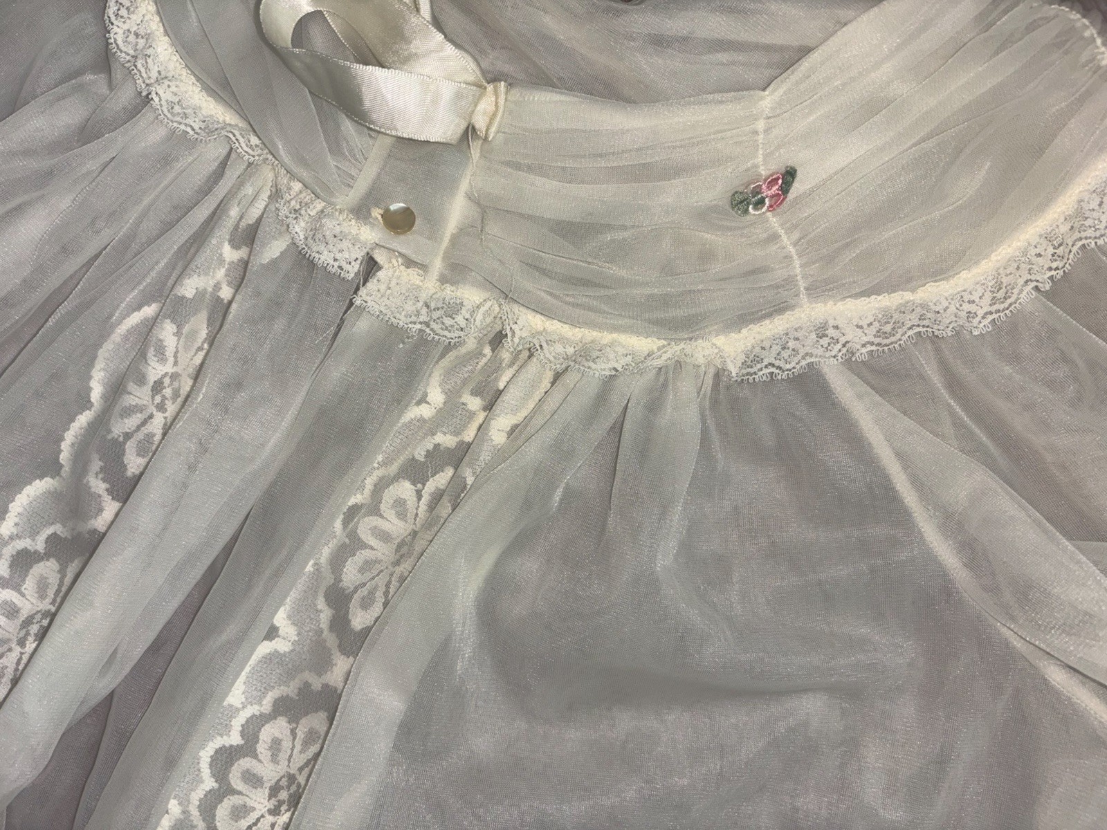 RARE VTG Evette Sheer Lace Bridal Peignoir Robe White 70s Boudoir Lingerie