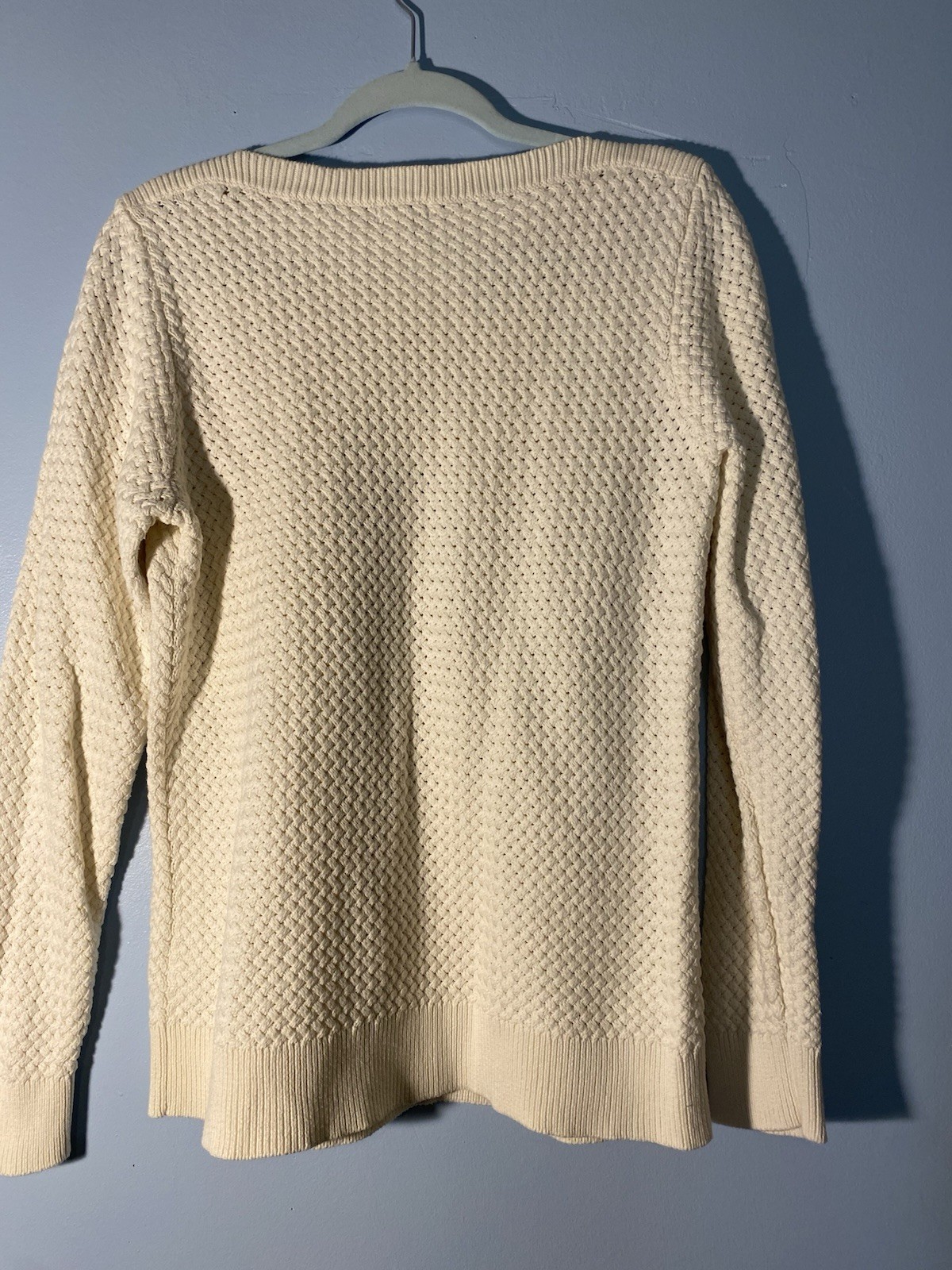 Vintage LL Bean Ivory Cotton Boatneck Basket Weave Sweater L Fisherman Core
