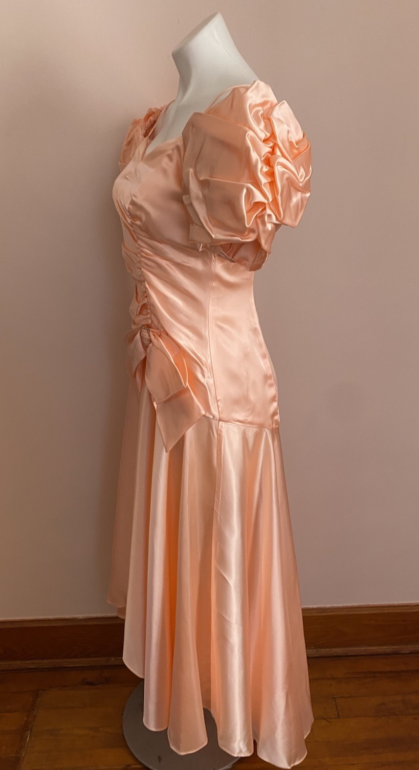Vtg JC Penny Peach 80s Prom Dress 5/6 Gown Hi Lo Ruch Puff Sleeve Satin Union
