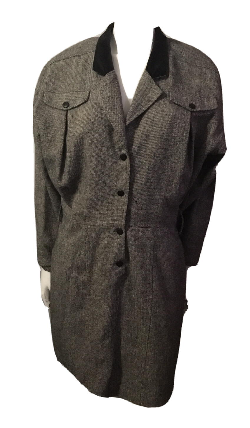 Vintage 80’s Menswear Black Molly Black & White Tweed Wool Button Front Dress 44