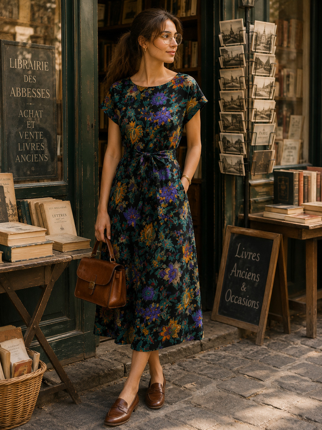 Vintage French Dress Crepe Made in France Floral Midi Dress Size 42 44