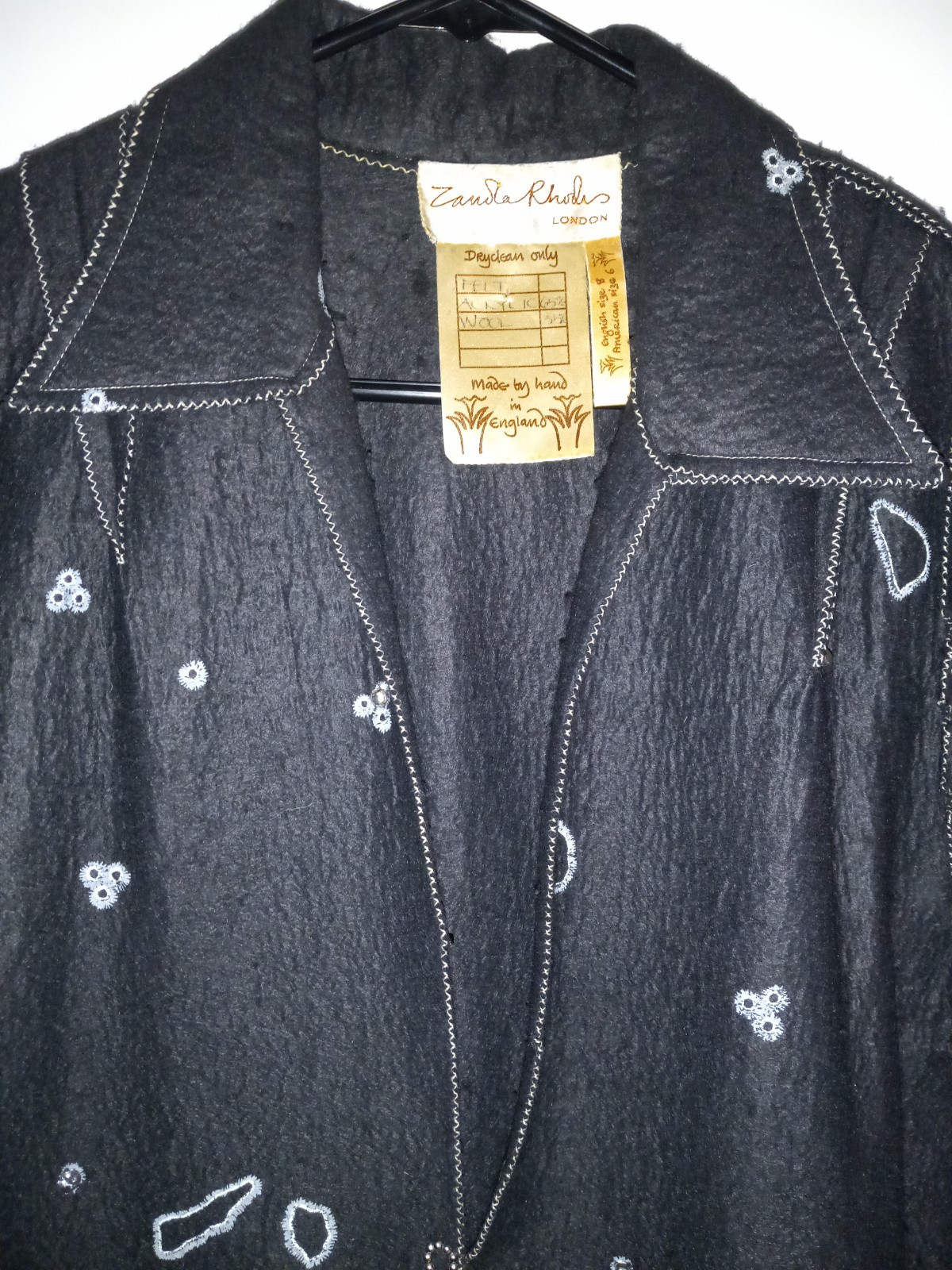 Vintage Zandra Rhodes Couture Black Felt Embellished Jacket Handmade England M