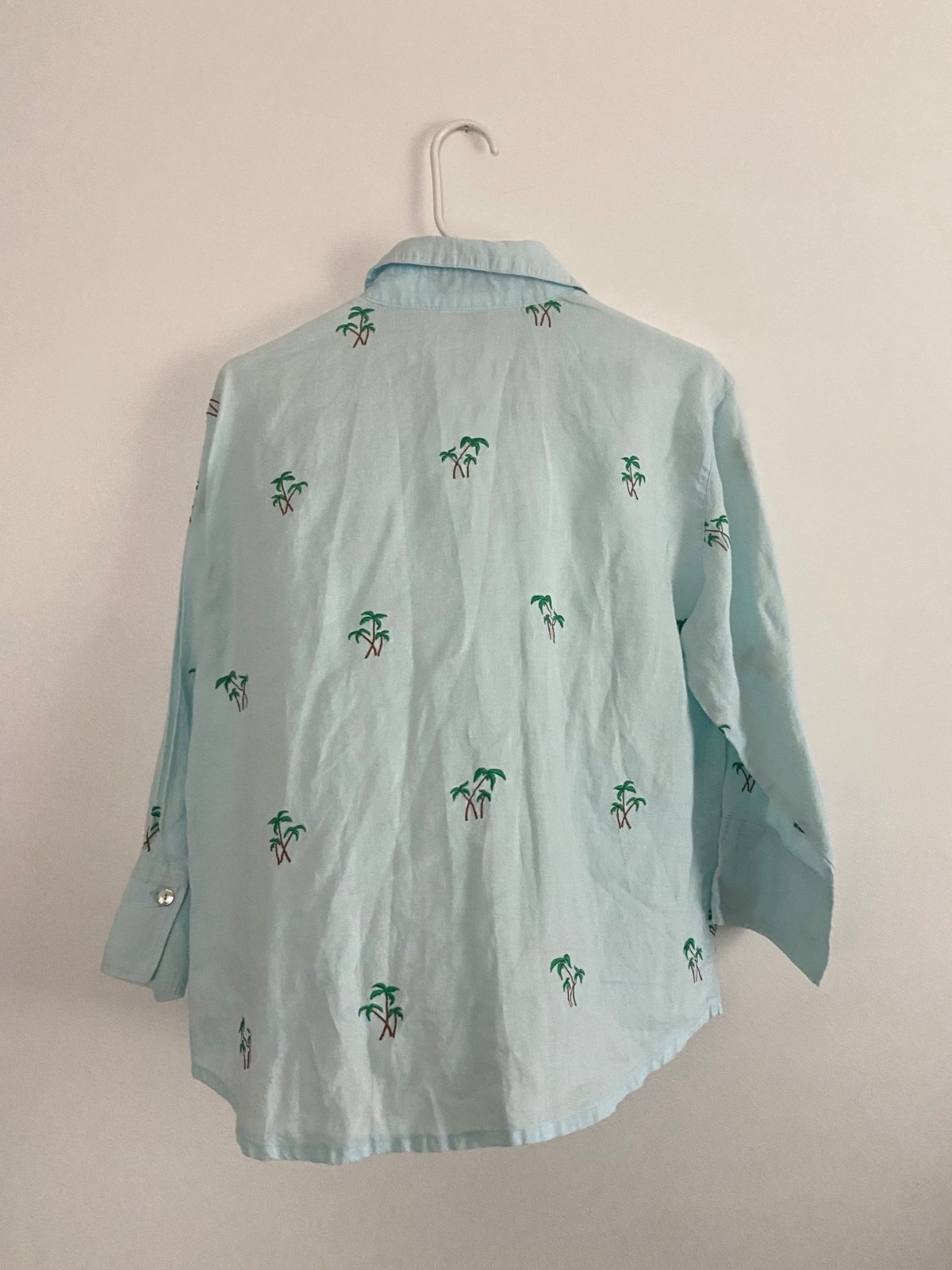 Vintage Casey Coleman Women’s Blue Linen Shirt With Palm Tree Embroidery Size L