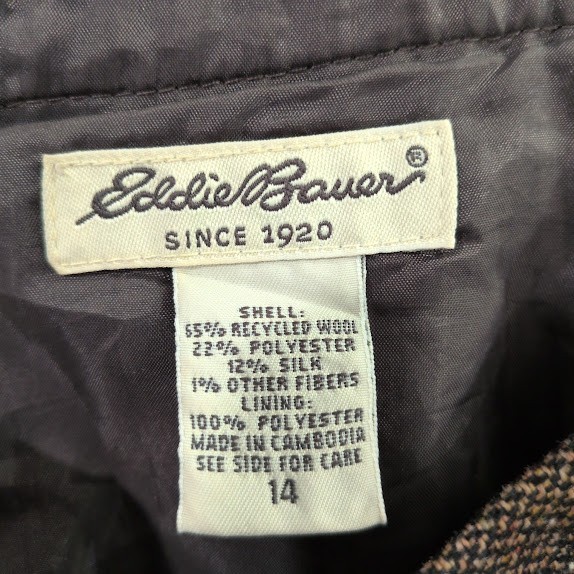 Eddie Bauer Skirt Women 14 Brown Wool Silk Blend Herringbone Knee Length Vintage