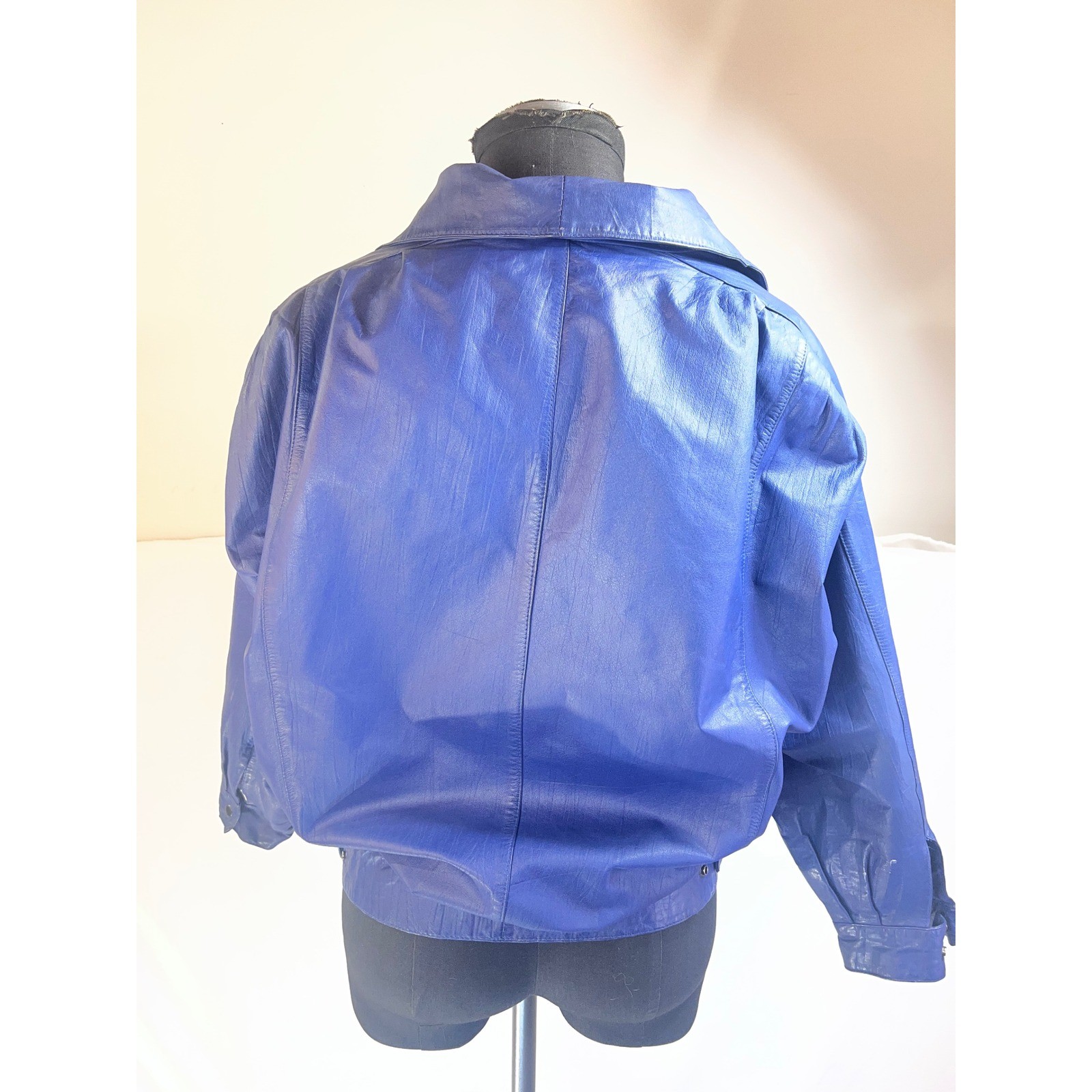 Avanti Vintage 80s Leather Bomber Jacket Cobalt Blue Puff Shoulder Womens Small