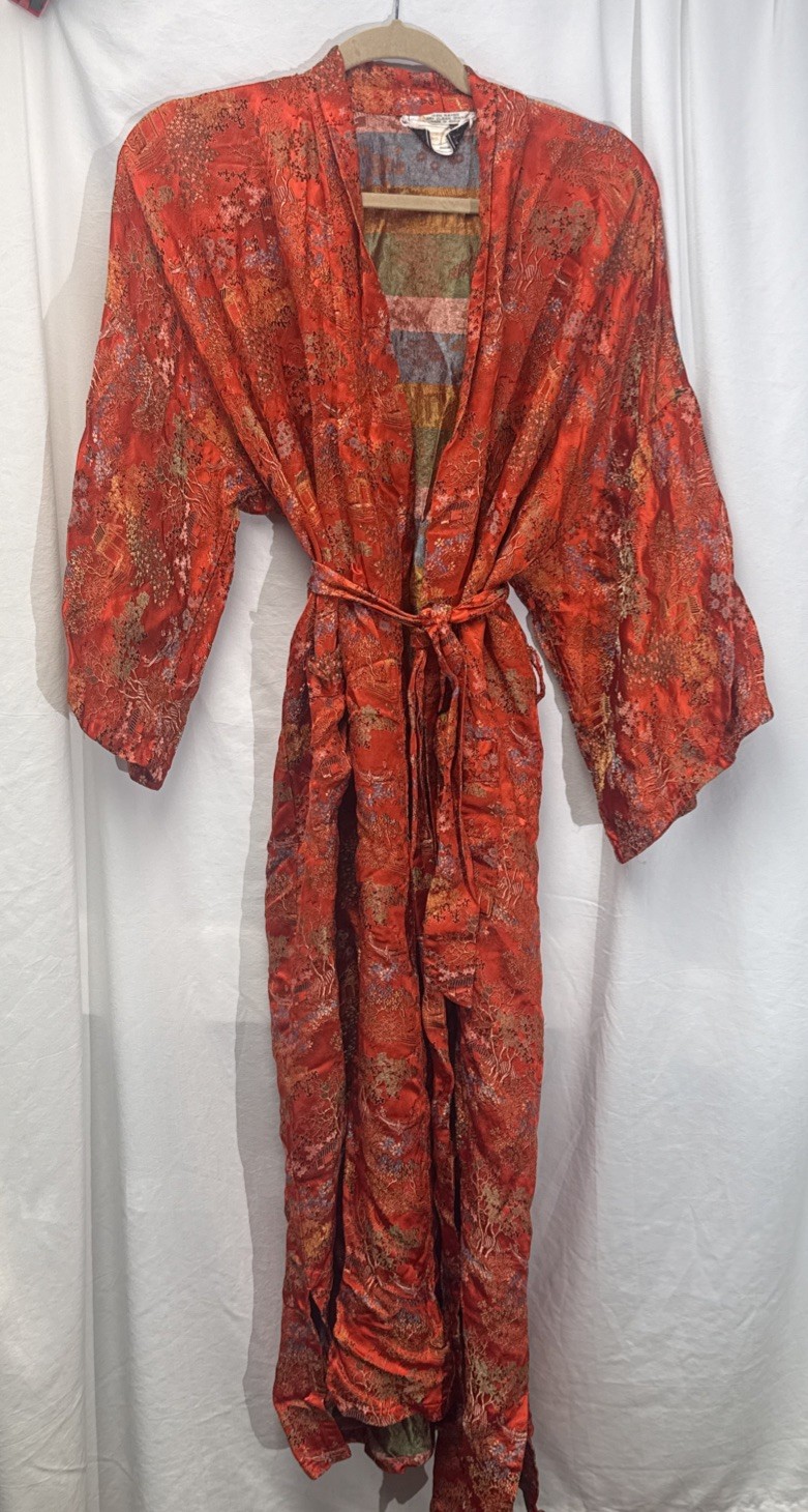 VTG Peony Brand Asian Home Coat Robe Red Rayon BROCADE Shanghai Size XL GEISHA