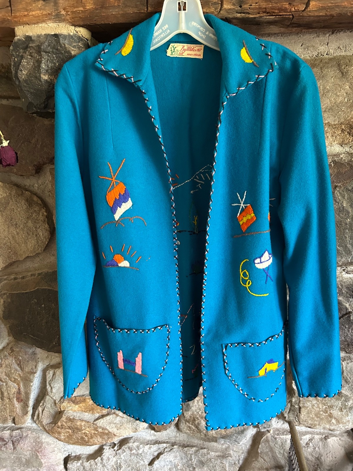 Vintage 40s 50s Mexican Tourist Souvenir Embroidered Wool Jacket Turquoise ByMik