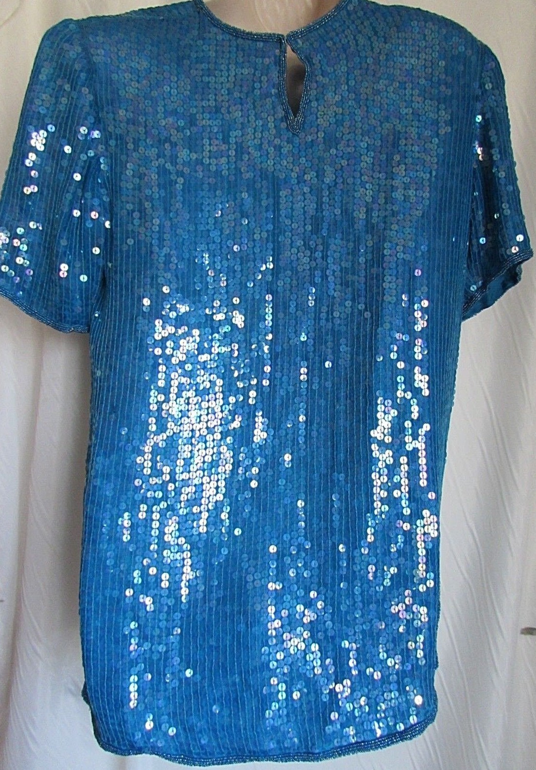 Vintage Jean for Joseph Le Bon Turquoise Sequin Short Sleeve Blouse Size M