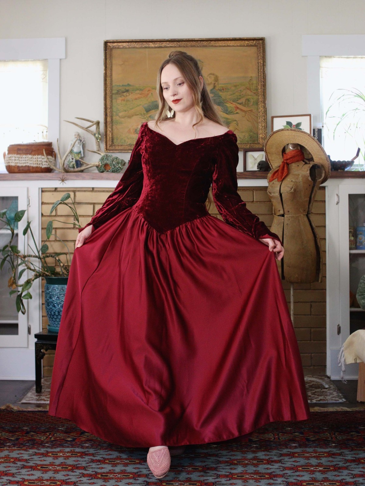 VTG 90s Royal Renaissance Dress Dark Red Velvet Satin Off Shoulder Basque Waist