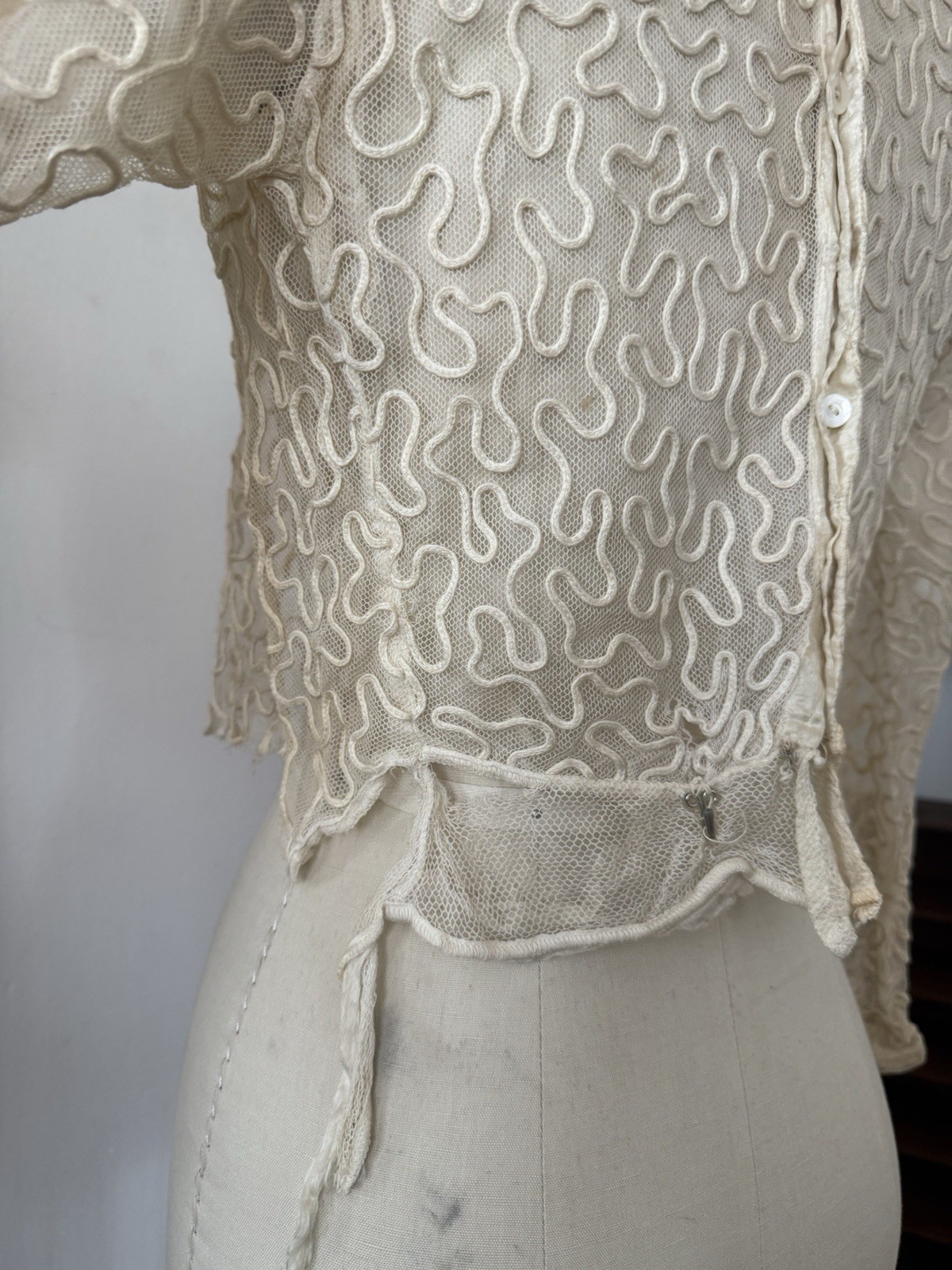 Antique Sheer Net Lace Blouse Top Cord Soutache Embroidery Art Nouveau Bridal XS