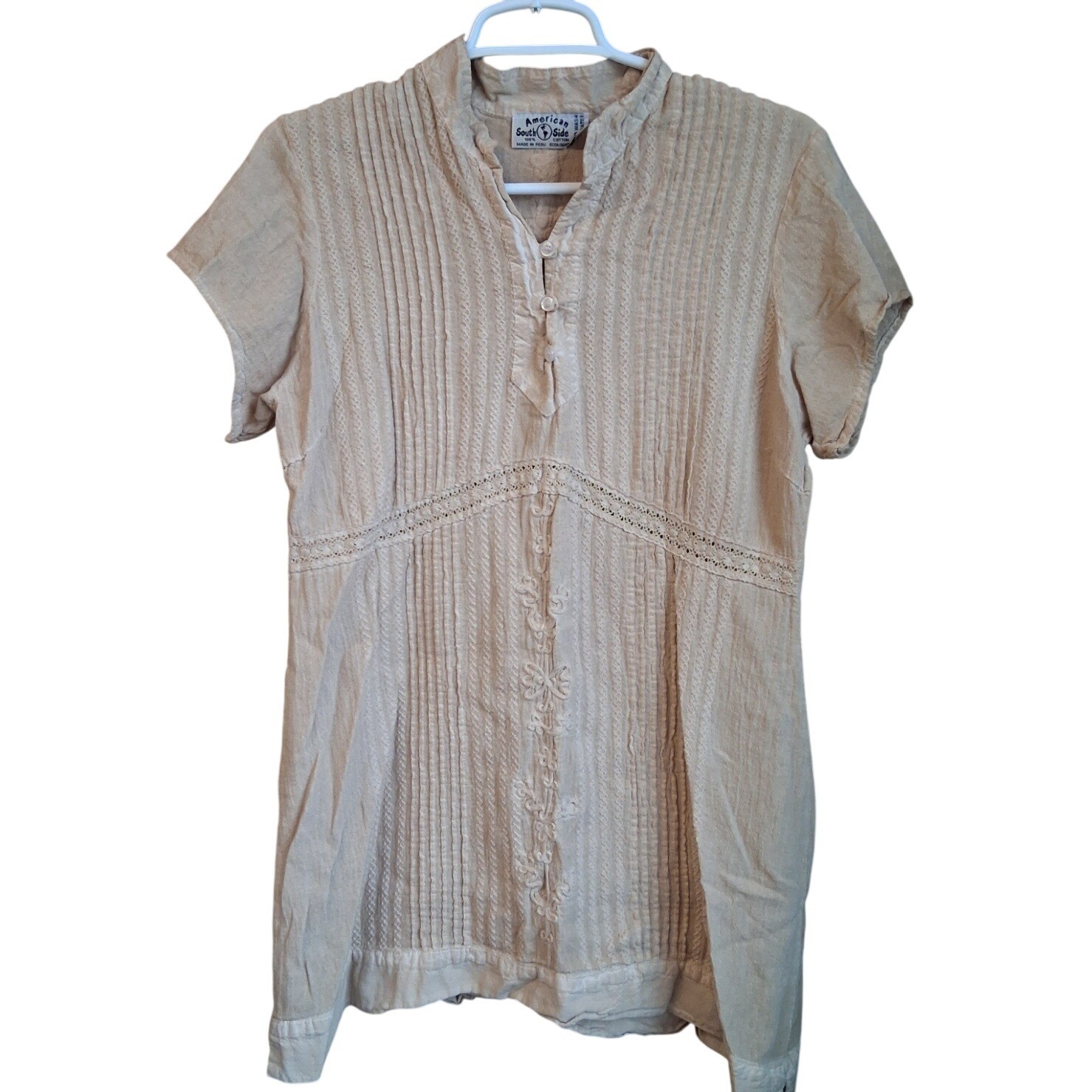 American SouthSIde Upcycled Coffee Stained Tunic Top 100% Cotton Embroidered EUC