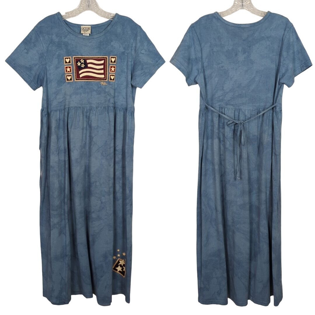 Cactus Bay Vintage light tie dye blue Maxi Dress Patriotic Flag Print Tie Back M