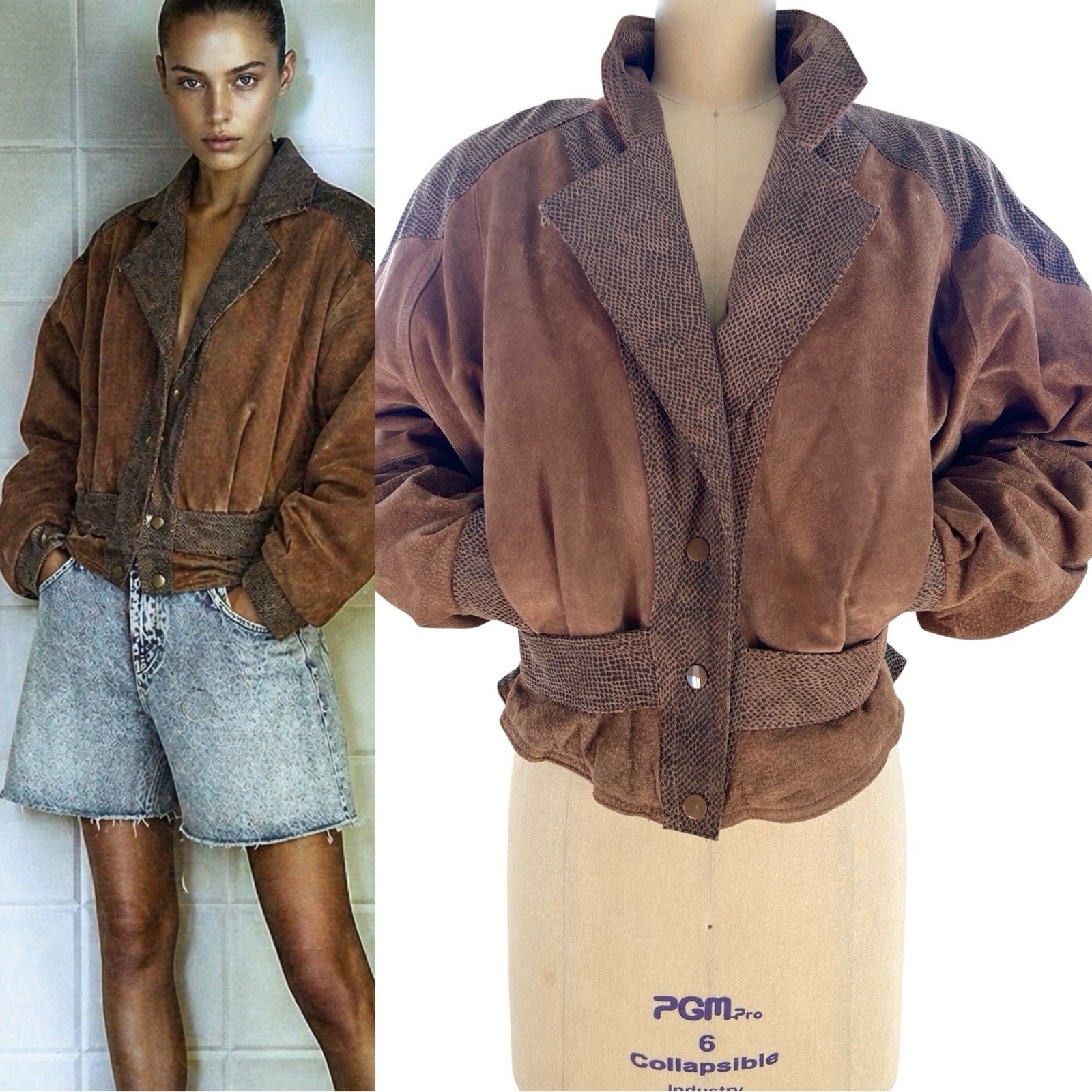 VTG 80s Bermans Suede Snakeskin Leather Moto Jacket Tan Cropped Peplum Vest M/S