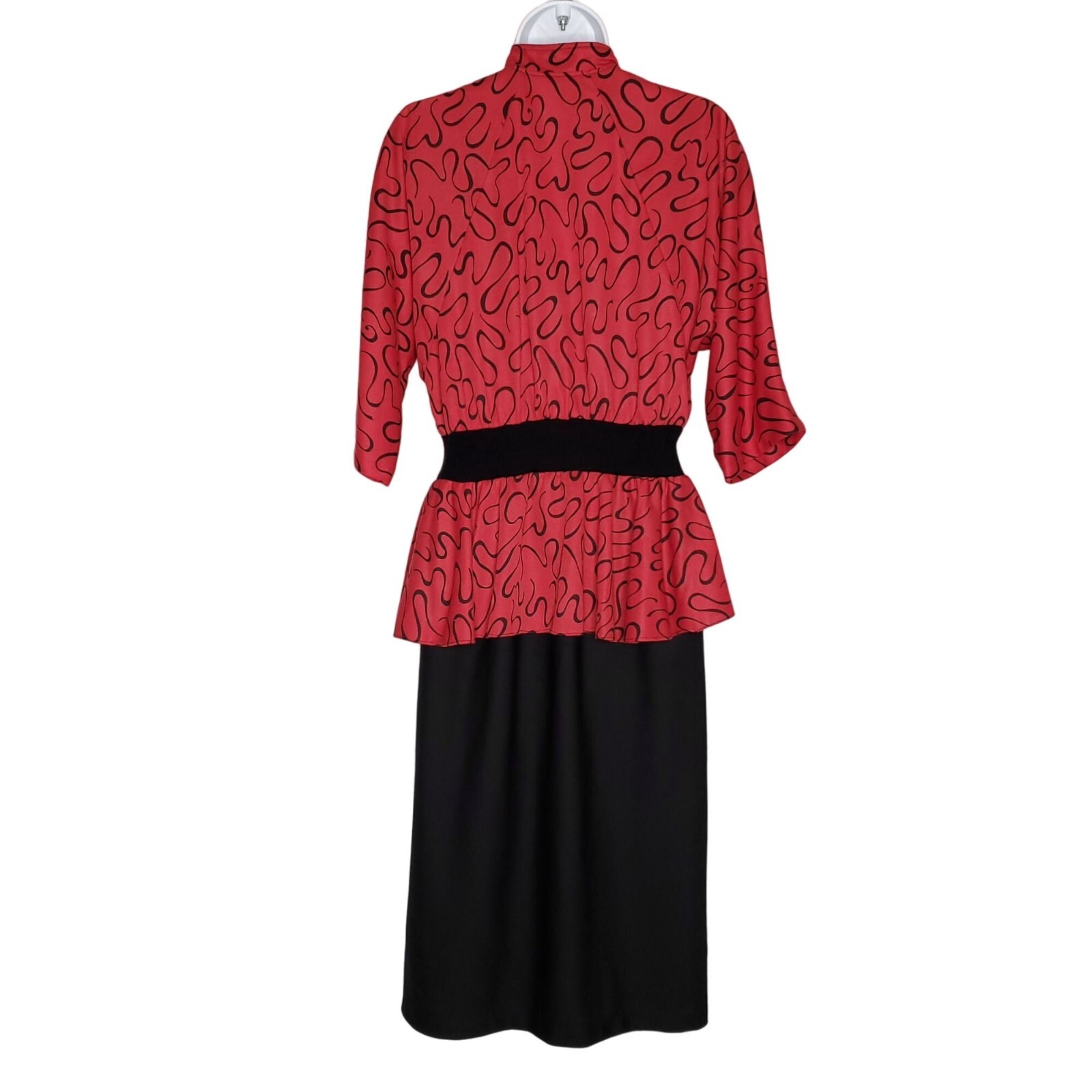 Vintage 80s Peplum Straight Secretary Dress L Red Black Dolman 1/2 Sleeve
