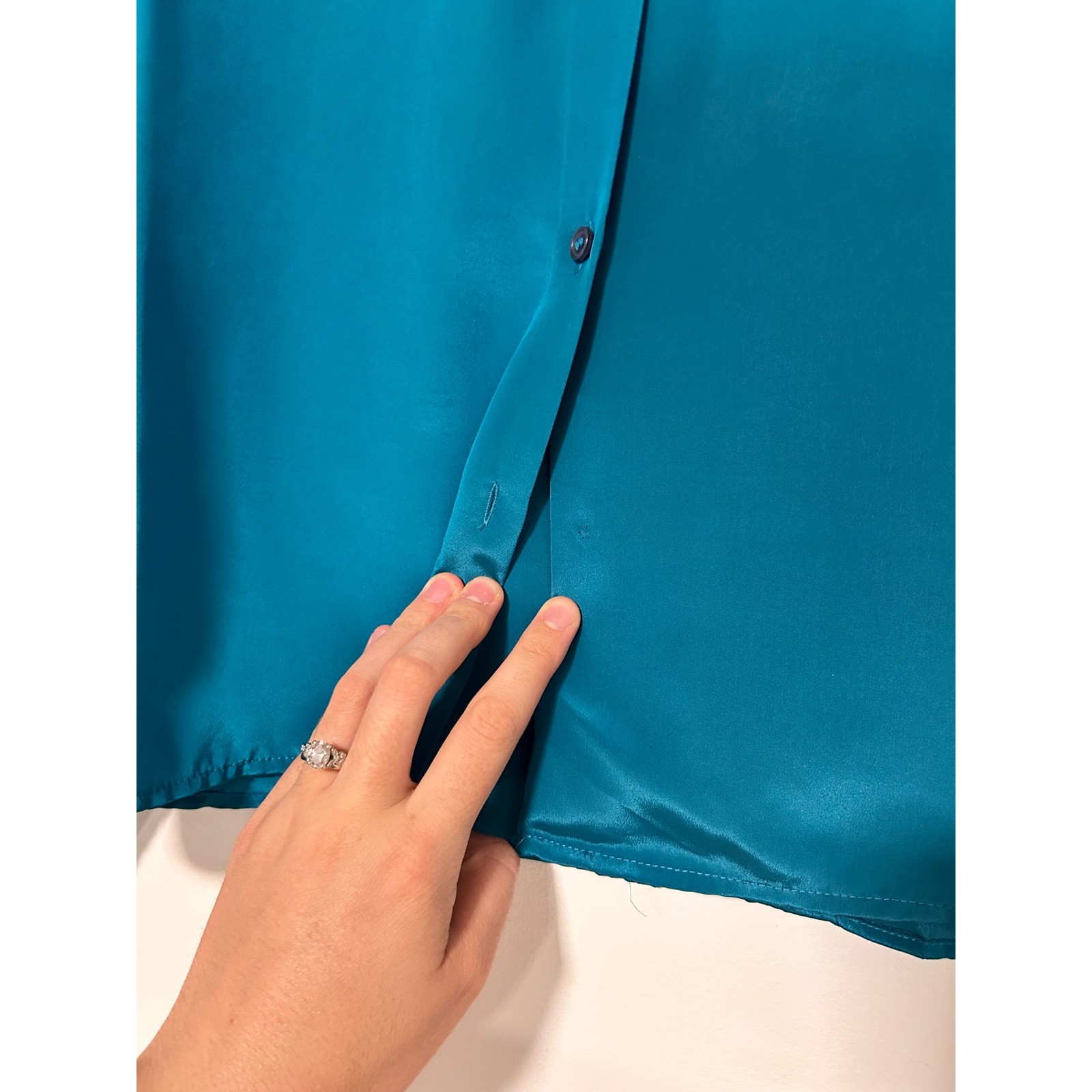 Melody Brooke Vintage 70S Teal Satin Mock Neck Pleated Button Back Blouse Size 9