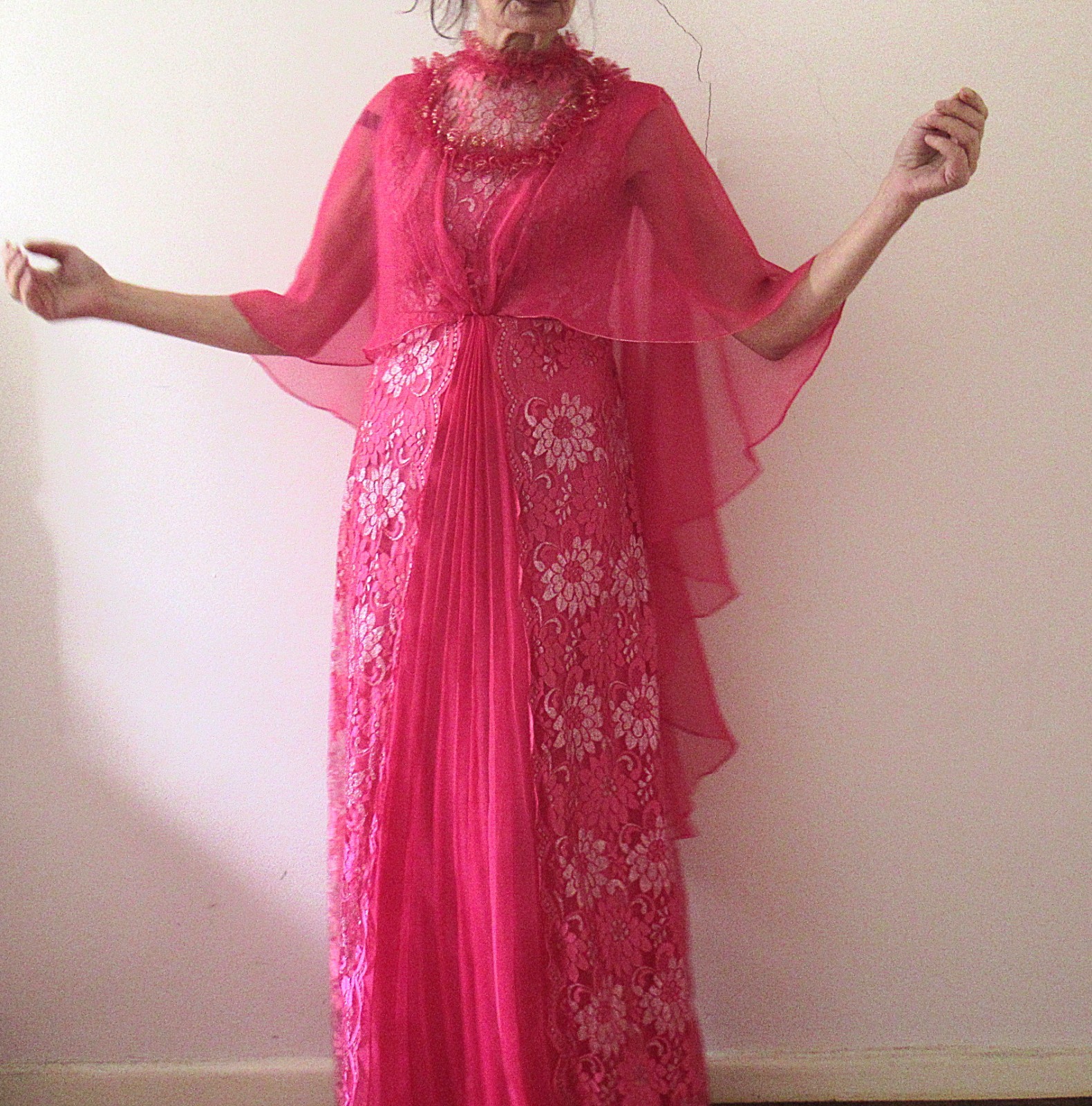 Vintage 70s Pink Lace Goddess Caplet Maxi Dress Small – Fairy Prom Party, Small