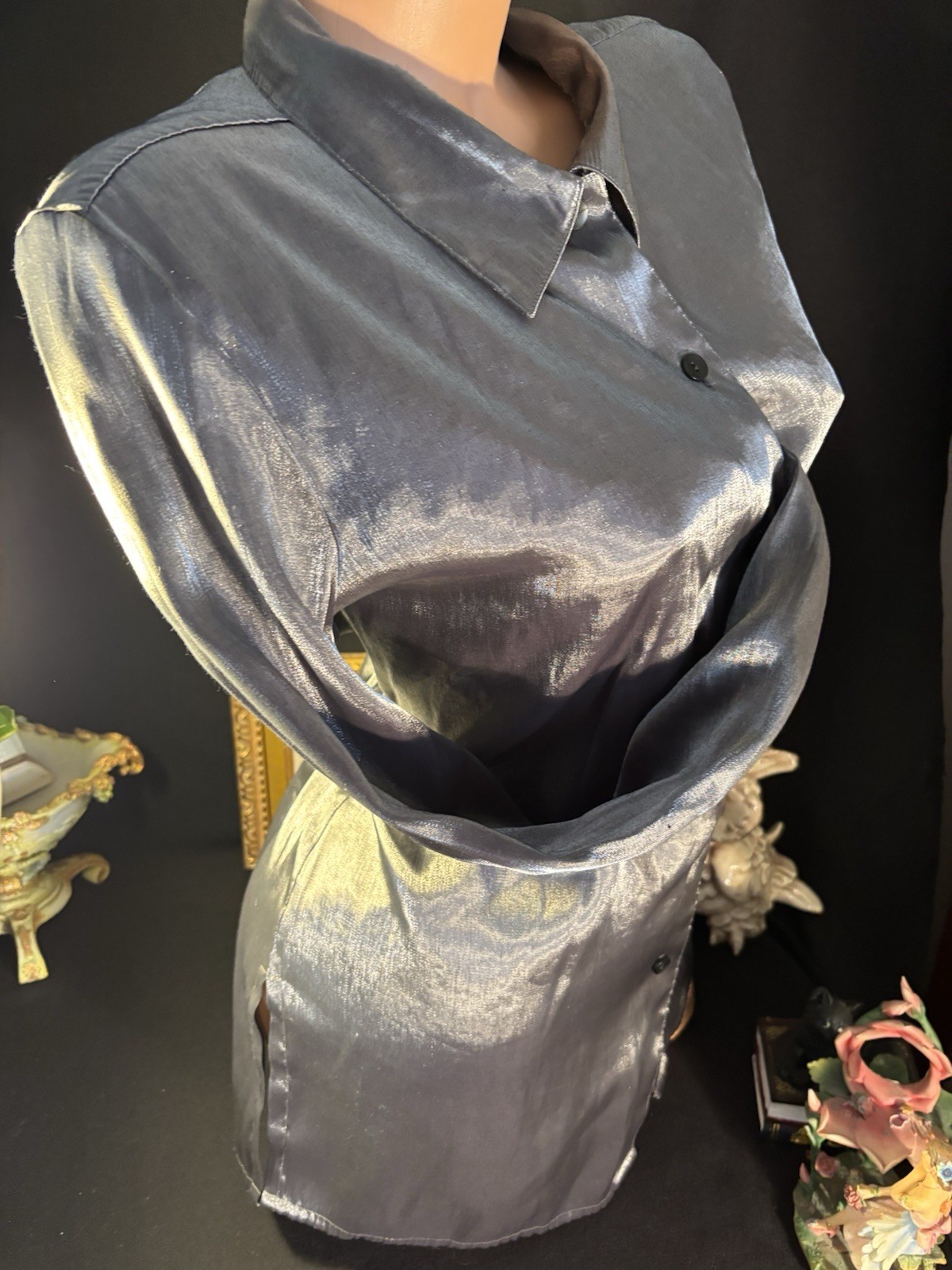 Vtg Satin Secretary Office Button Up Notch Silver Office Y2k Blouse L 42″