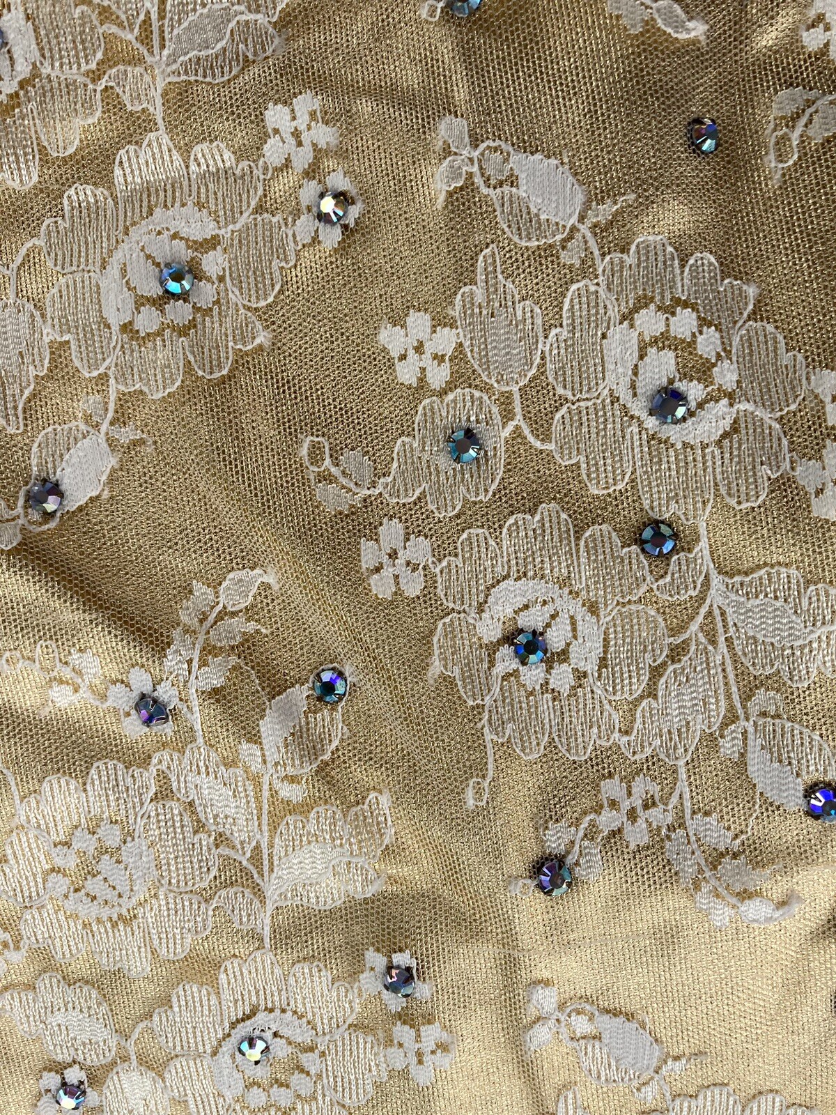 1980s GOLD LONG DRESS w/Lace and Rhinestones; Fancy Trim d1-2