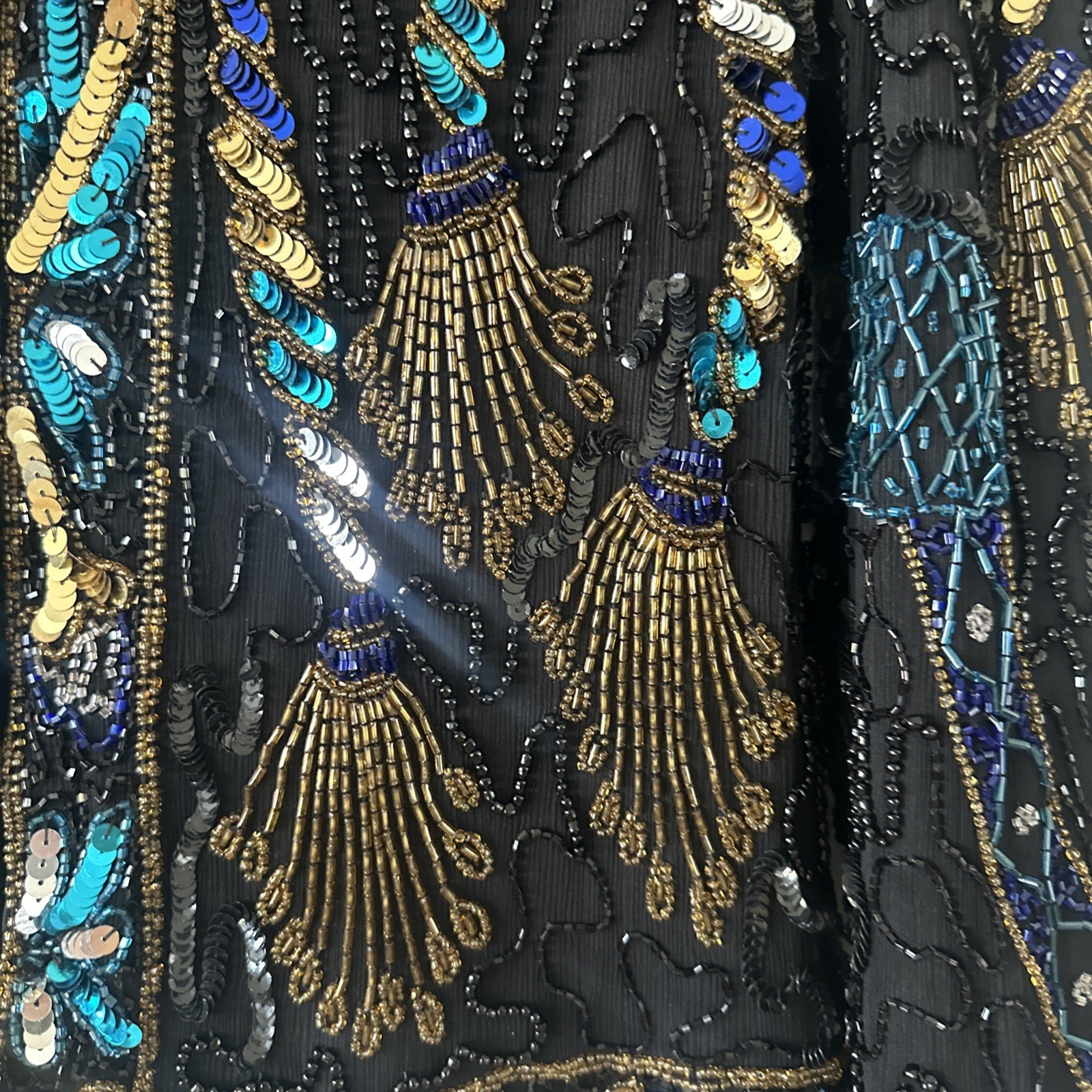 LAURENCE KAZAR Jacket 💯 Silk Lined Beaded Sequins Black Gold Large Clean