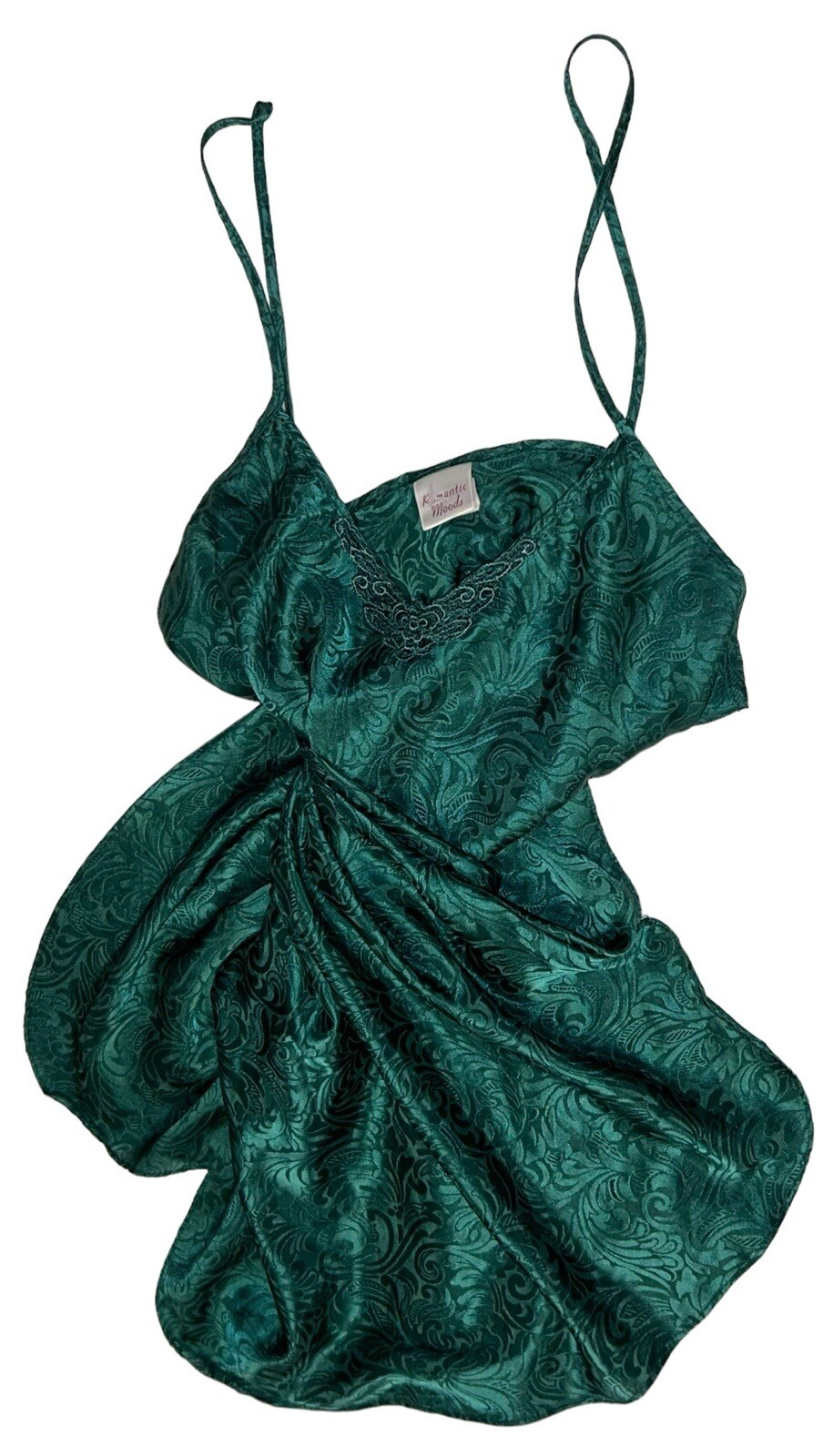 Romantic Moods Green Shiny Embossed Paisley Satin Nightie Slip Dress Nightgown L