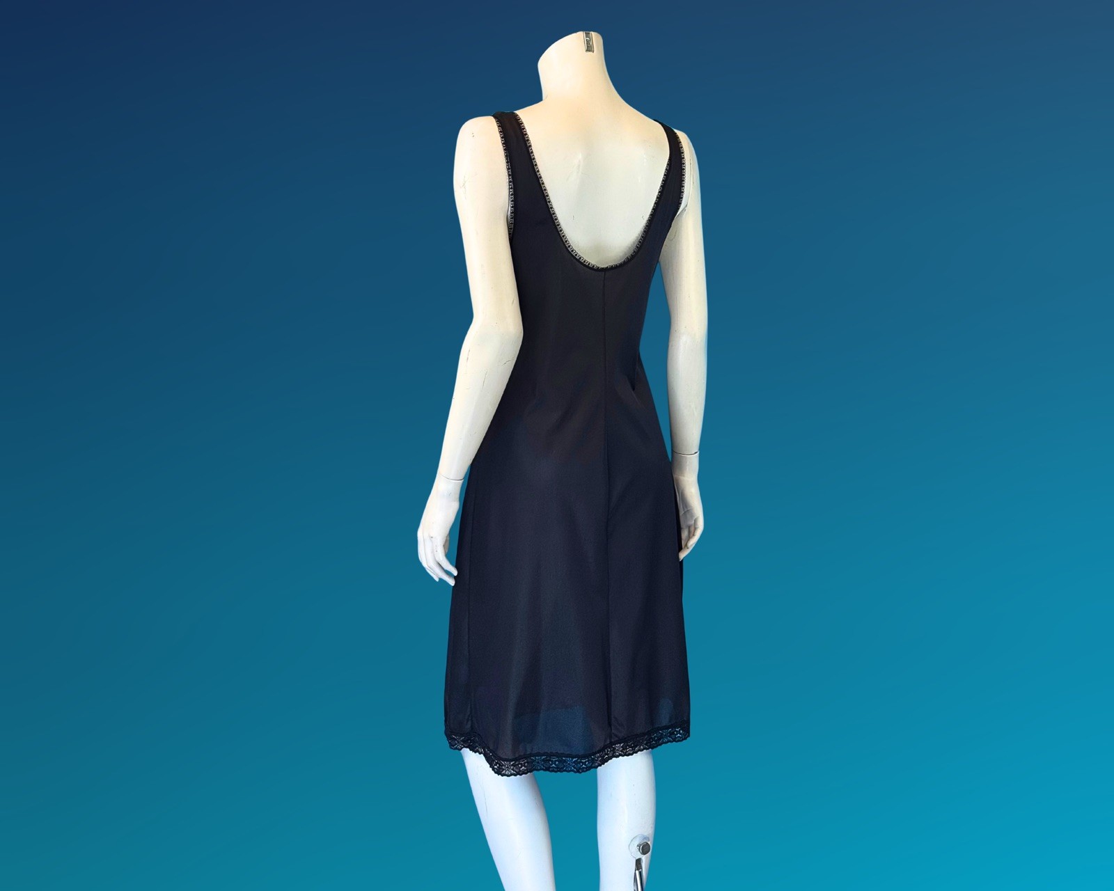 Vintage 60s 70s Black Lace Nylon Full Slip Dress | S M