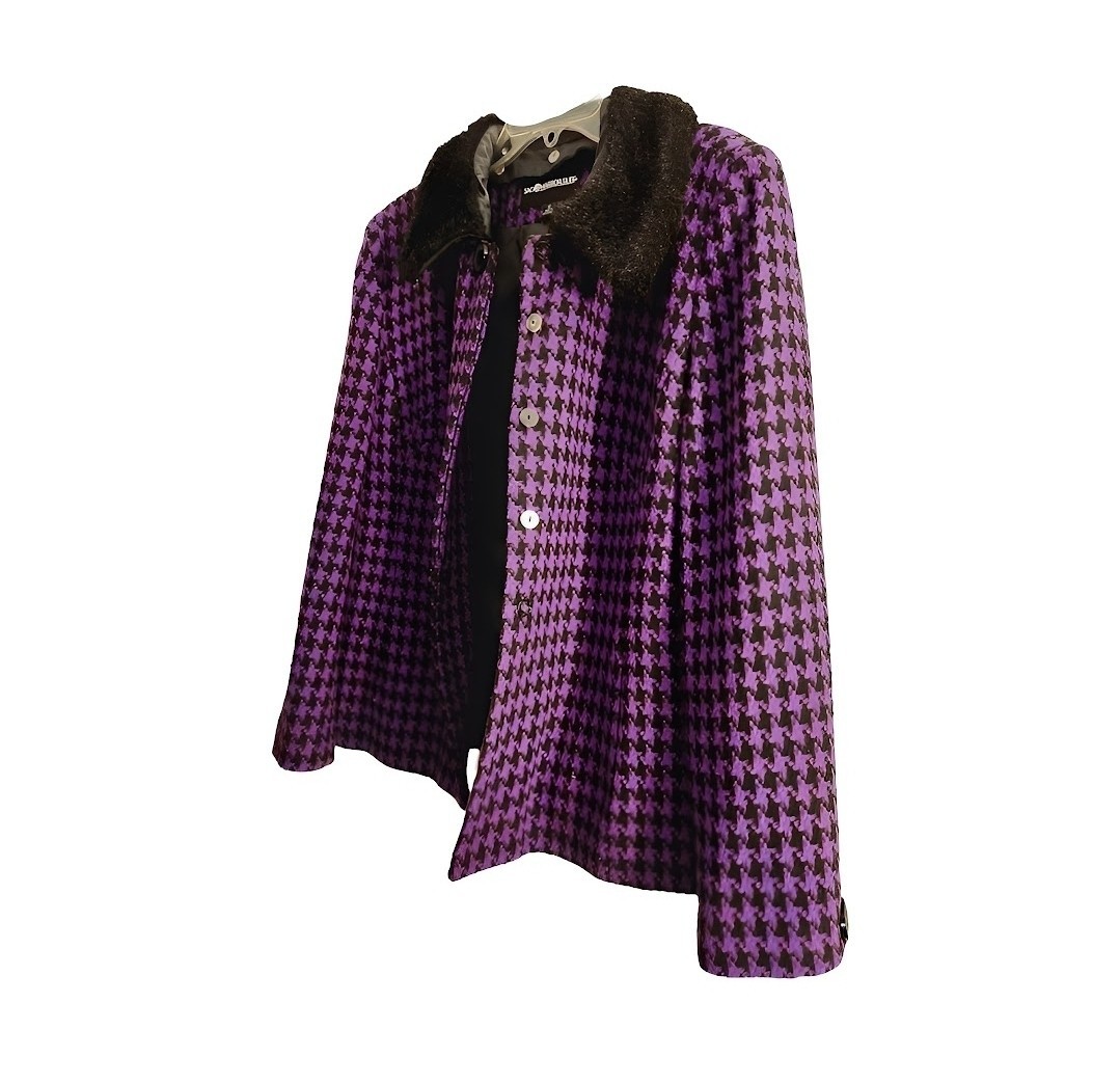 Vintage Ladies Sag Harbor Coat Purple Black Plaid Fur Color Wool Button-Up Coat