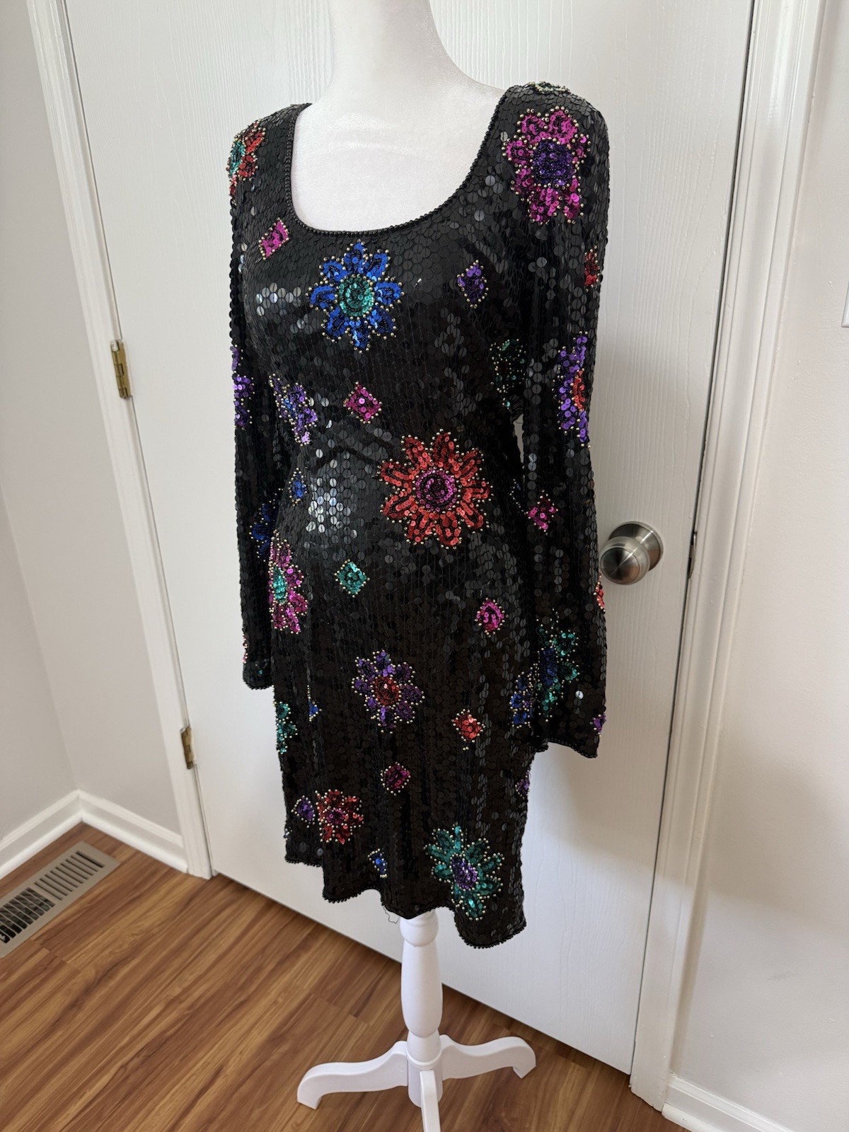 Nite Line Della Roufogali Vintage Sequin 80s Long Sleeve Black Party Dress 8