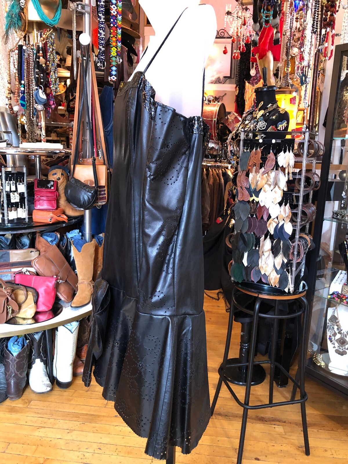 Vintage 80’s Black Leather and Silk-like Lined Dress Women’s Medium