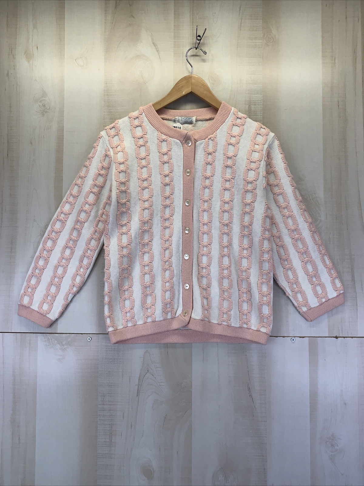 Vintage 1950-60s Carol Brent Pink/White 3/4 Sleeve Knit Womens Cardigan-10816