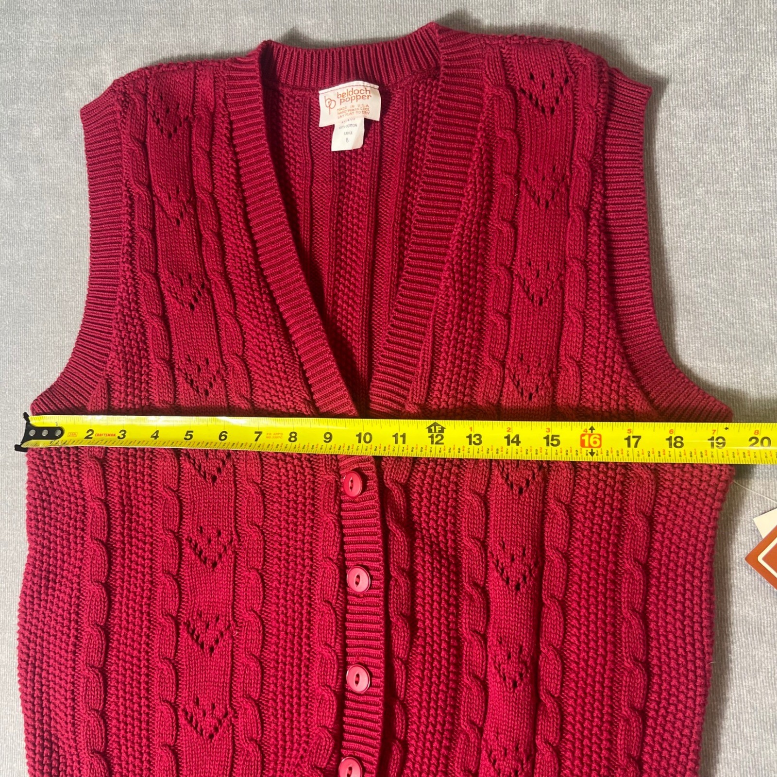 Vintage Beldoch Popper Red Cable Knit Button Front Sweater Vest Large 8 NWT