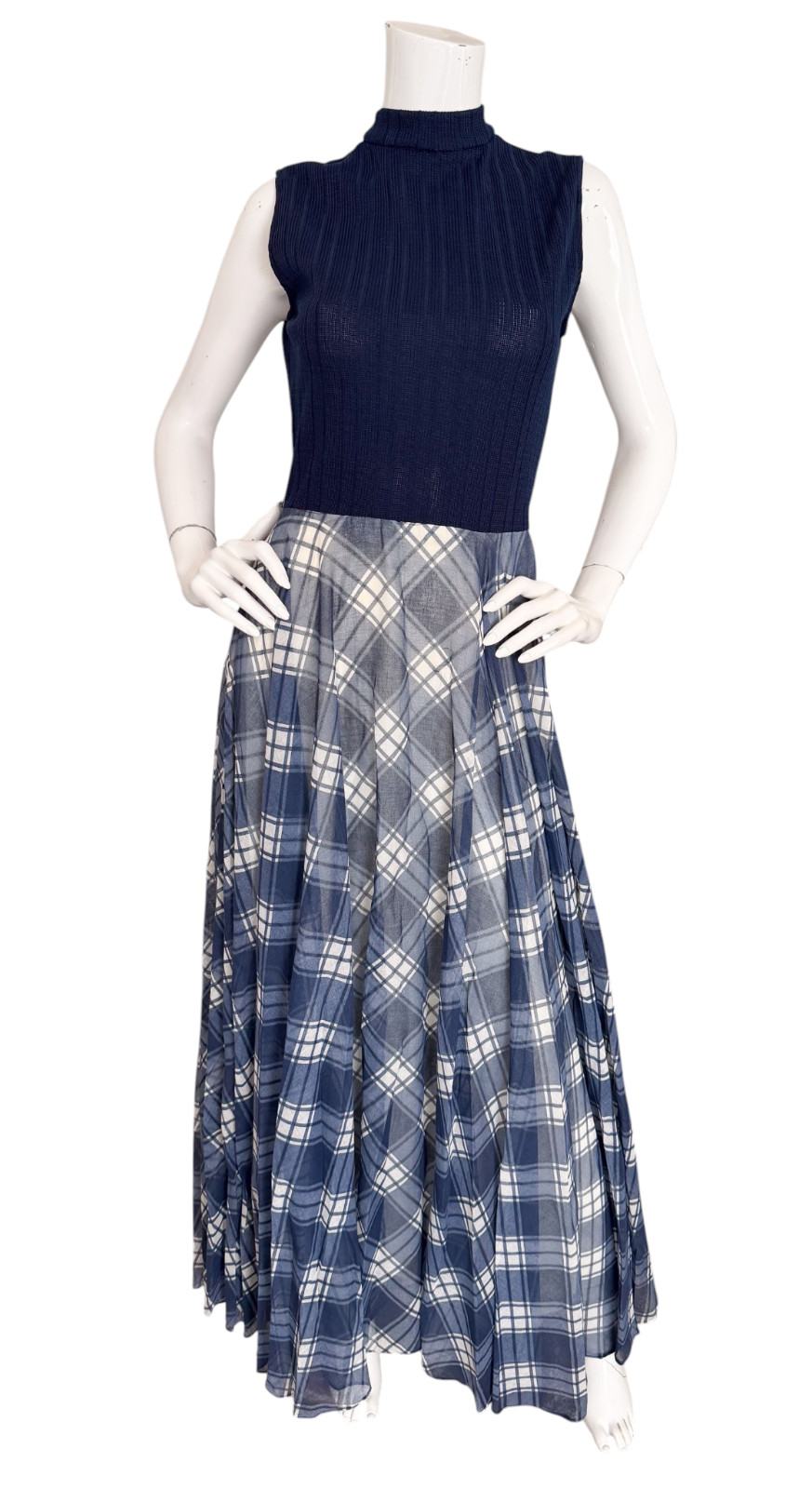 Vintage 60s Mod Maxi Dress Plaid Voile Flowing A-Line Skirt Knit Mock Top Small