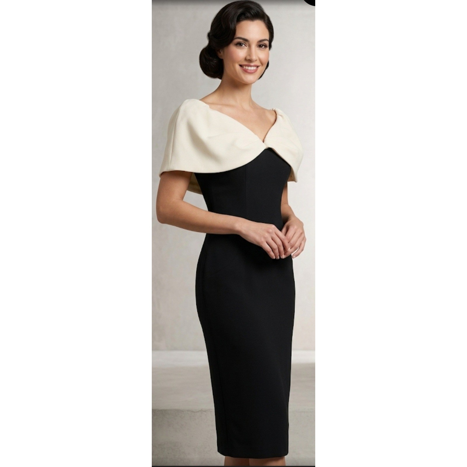Vtg Victor Costa Black Beige Cocktail Dress 6 Off Shoulder Silk Collar