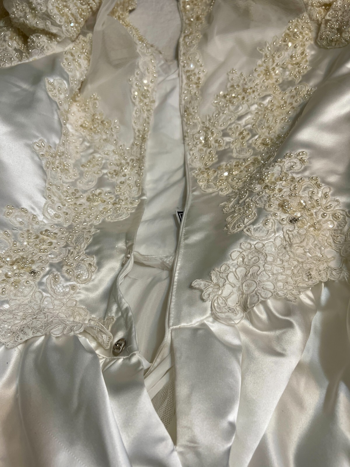 Vintage Mori Lee Wedding Dress Size 12 Satin Lace Pearl Bridal Gown Ivory