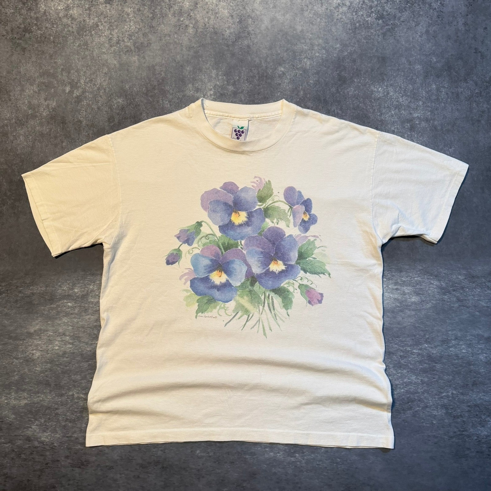 Vintage 90s Soft As A Grape Pansy Floral Art T-Shirt XL Cream Single Stitch USA
