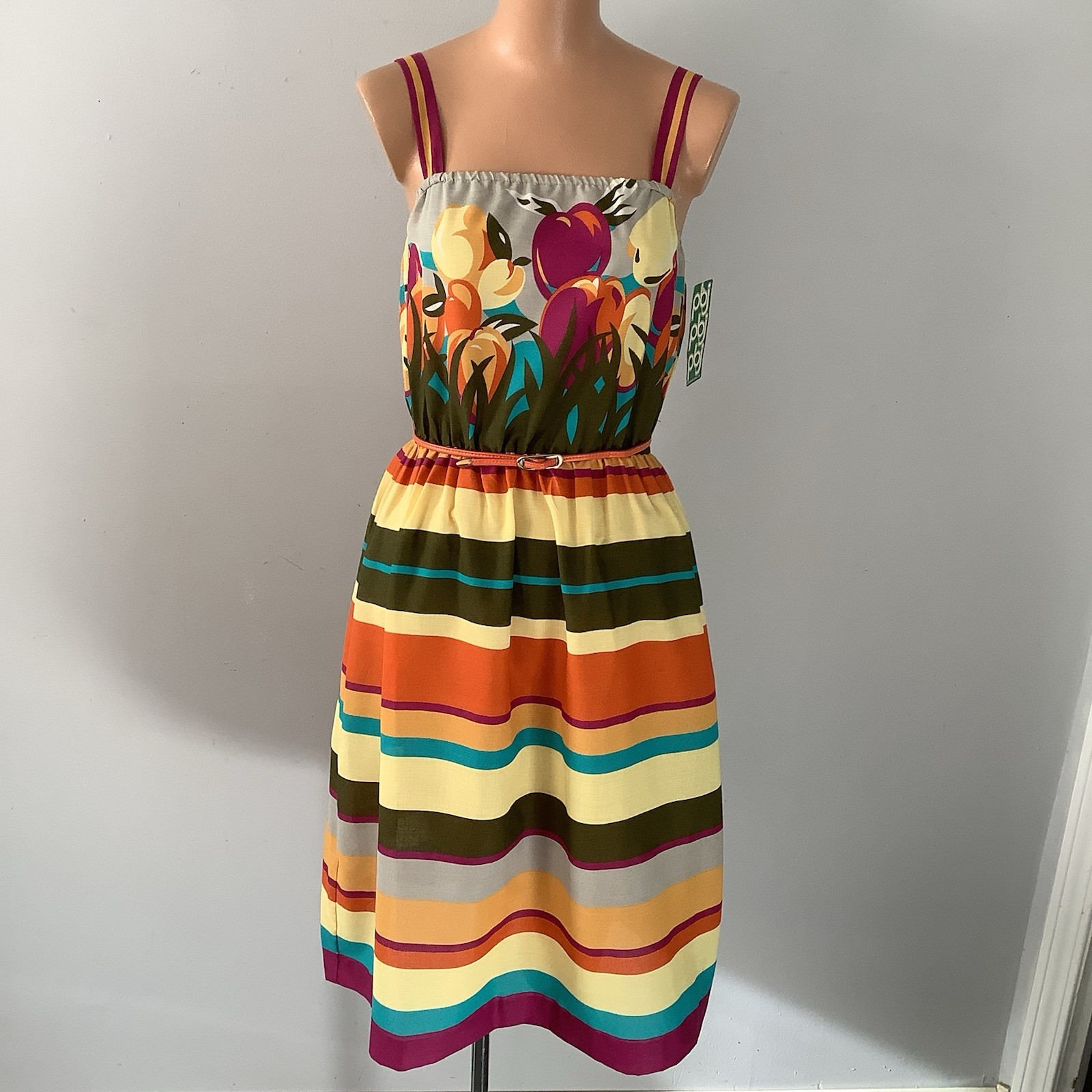 VTG 1970’s PBJ By Jerell Of Dallas Deadstock Fruit & Stripe Print Dress Orig Tag