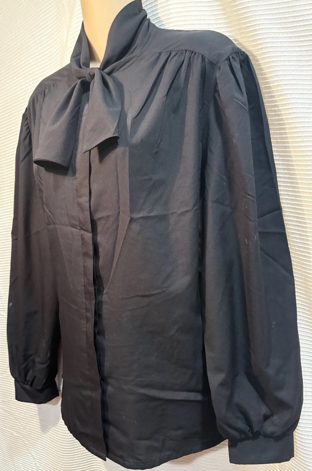 Vintage 70s Judy Ms Bond Black Polyester Bow At Neck Blouse Shirt Top 42/8