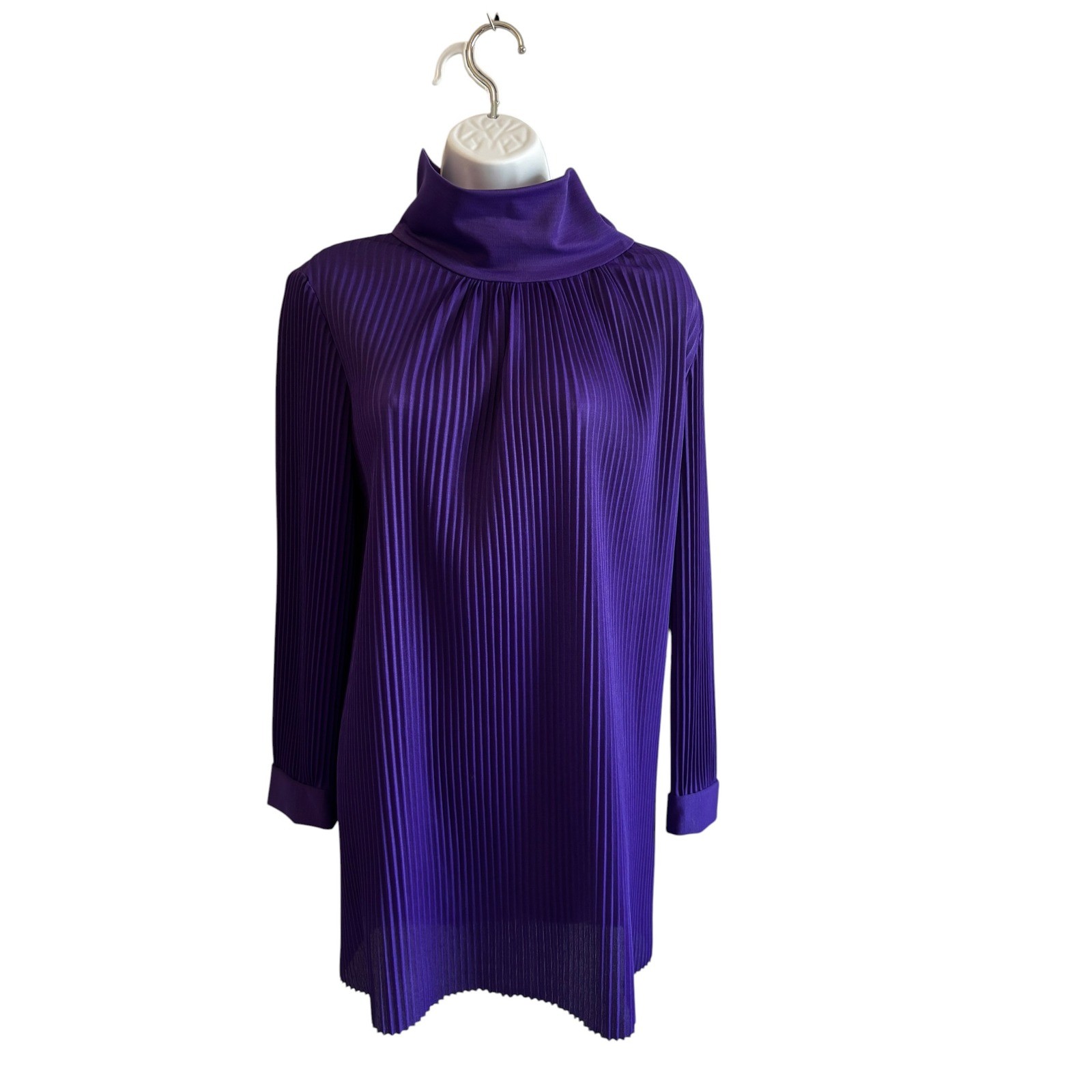 Vintage 70s Accordion Pleated Tunic Dress Med Purple High Neck Mod Disco Retro