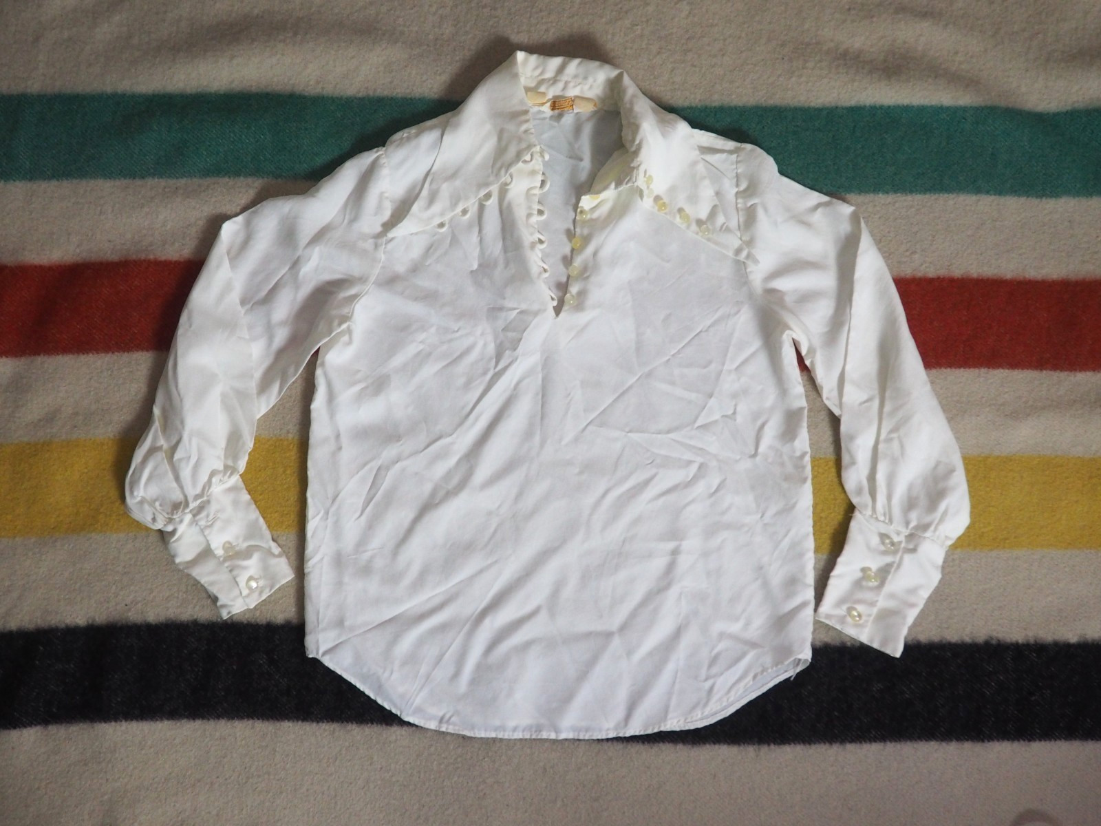 VTG 60s 70s Carol Brent Ivory Hippy Boho Victorian Disco Blouse Shirt Womens M