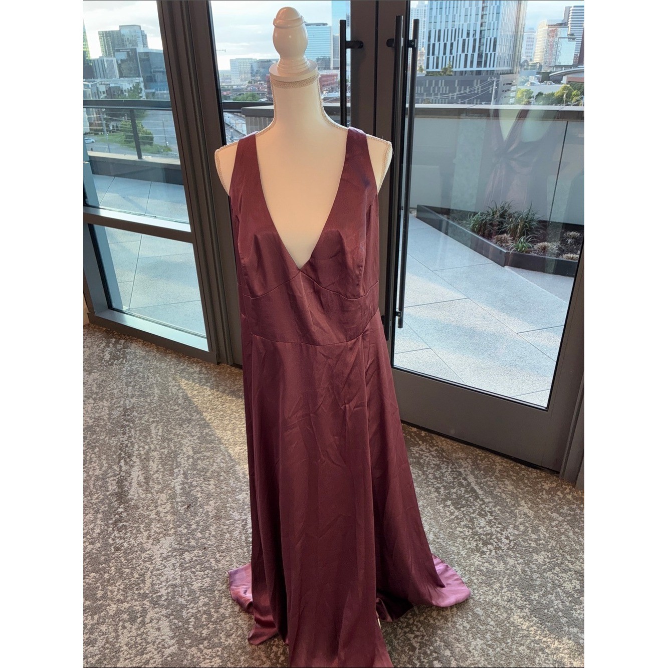 Elegant Deep Plum Satin V-Neck Wedding Dress