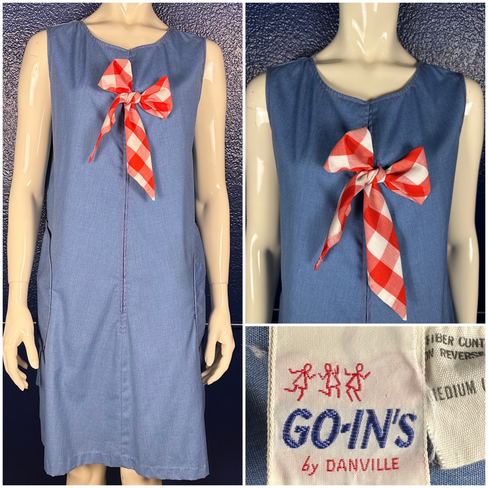 Vintage 1970’s GO-INS by DANVILLE Denim Blue Sleeveless House Dress Mod Bow
