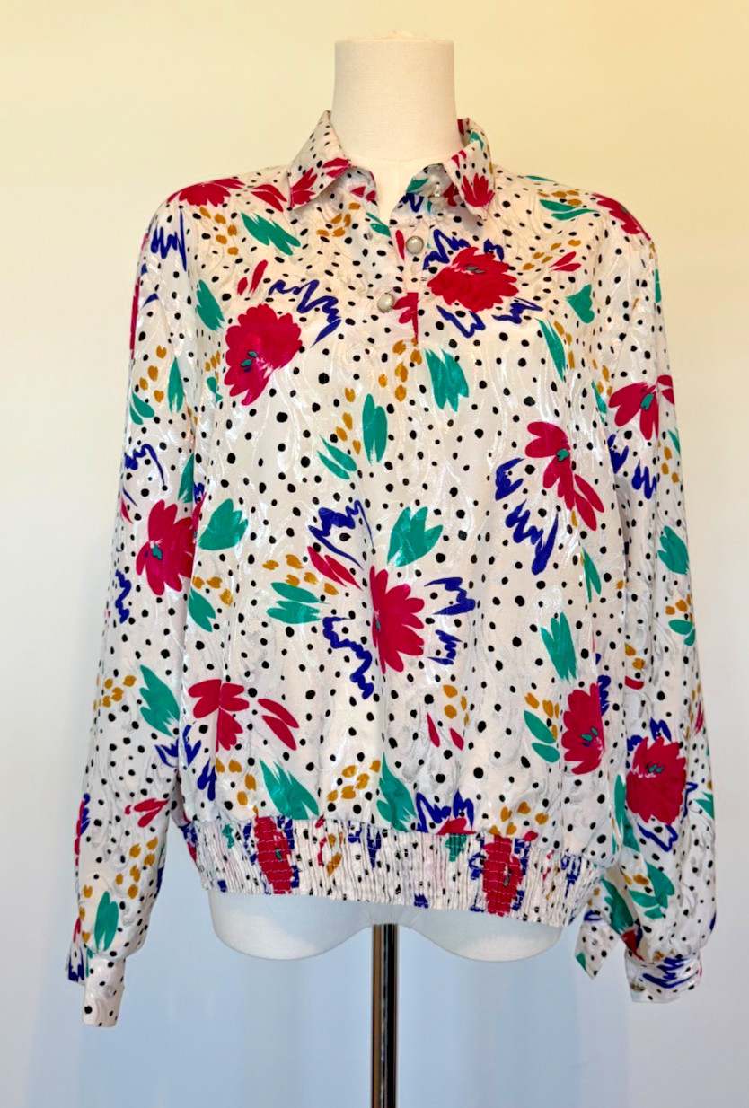 Vintage Cricket Lane Floral Polka Dot Bomber Style Pullover Blouse 80s/90s Retro