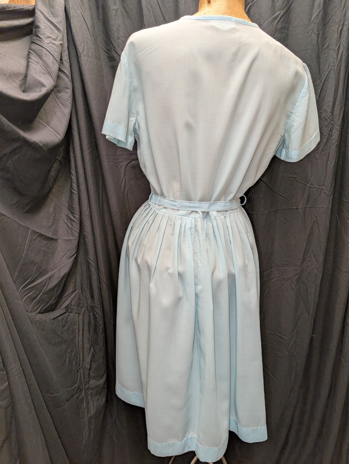 1960s 70s Blue Cotton Blend Lace Trim Dress by NPC Fashions M