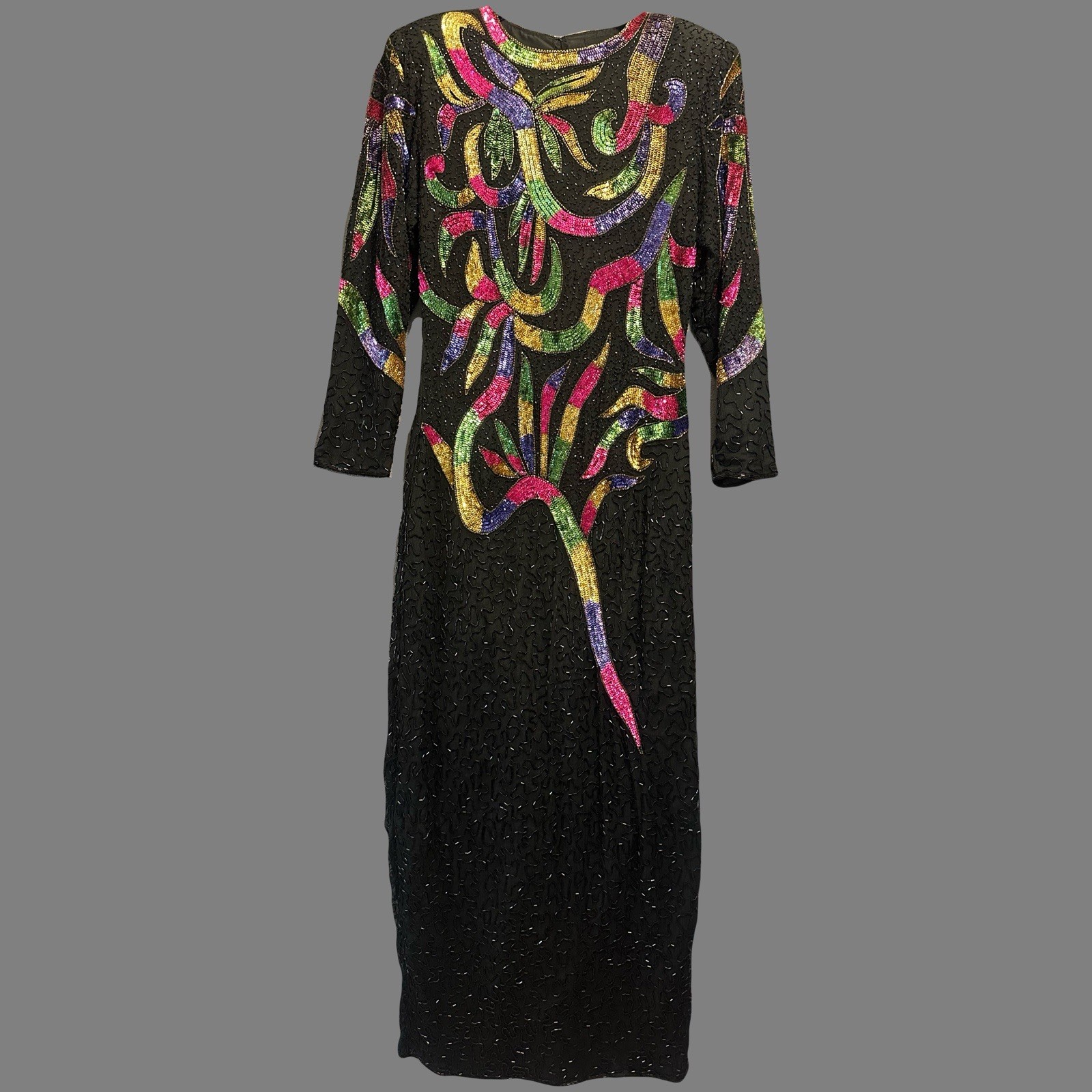 VTG 80s Tan Chho 100% Pure Silk Beaded Dress Formal Gown Size L Dynasty Glam