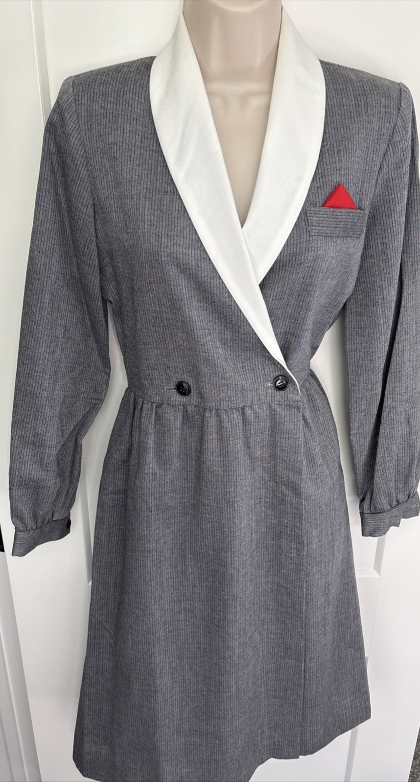 Vintage Grey Pinstripe Dress I Magnin Sz Classic White Collar Red Pocket Scarf