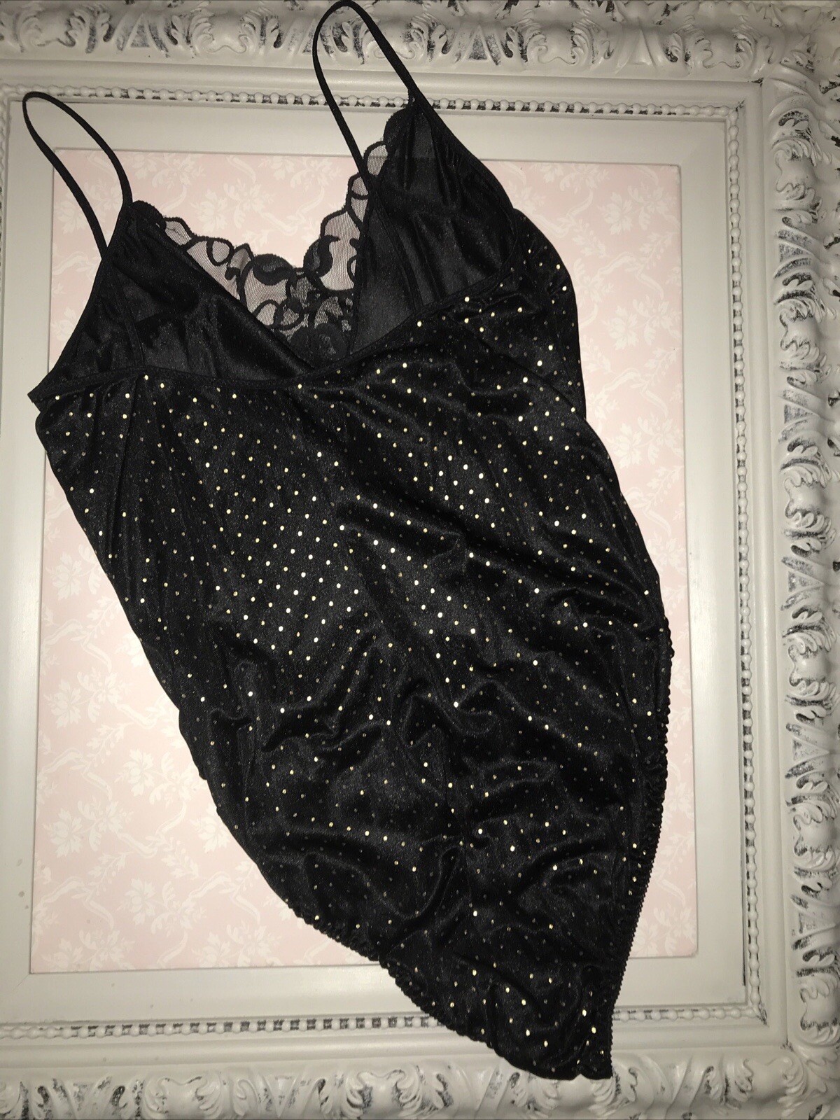 Vintage Teddy ROMPER Bodysuit ROMANTIC FASHIONS~stretch BLACK/GOLD DOT WOMANS M