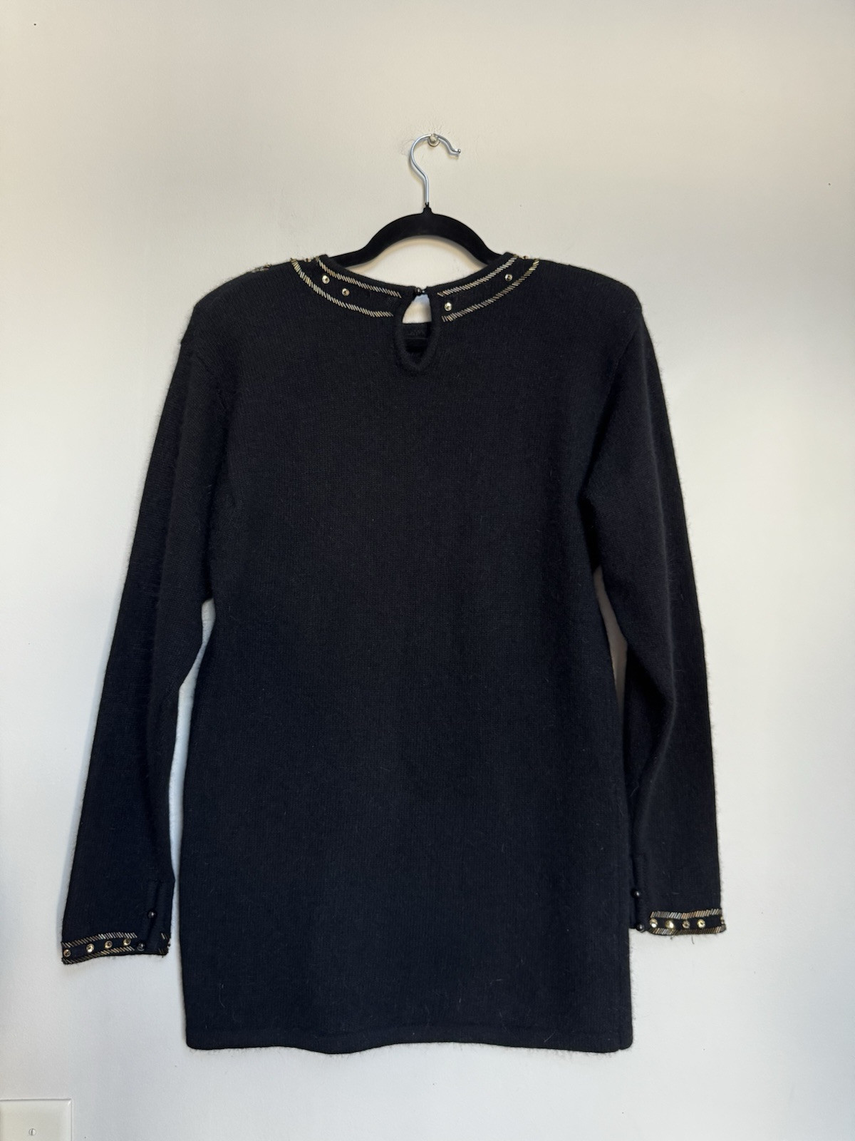 Vtg Boundary Waters Black Angora Lambswool Beaded Sweater Tunic M Embellished