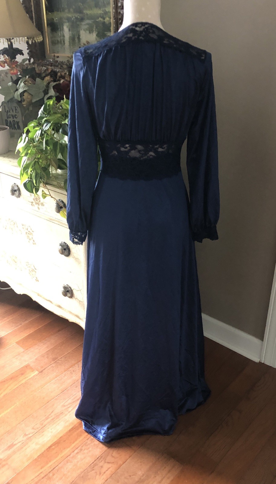 Vtg Maidenform Dreamwear Olga Like Peignoir Nightgown Robe Set Navy Blue Women L
