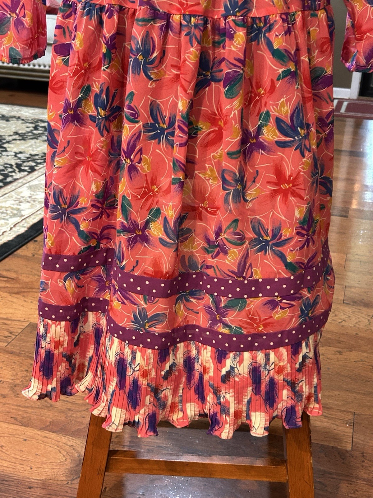 Vintage Lachine Hong Kong Pleated Ruffle Pink Purple Long Sleeve Dress P Small
